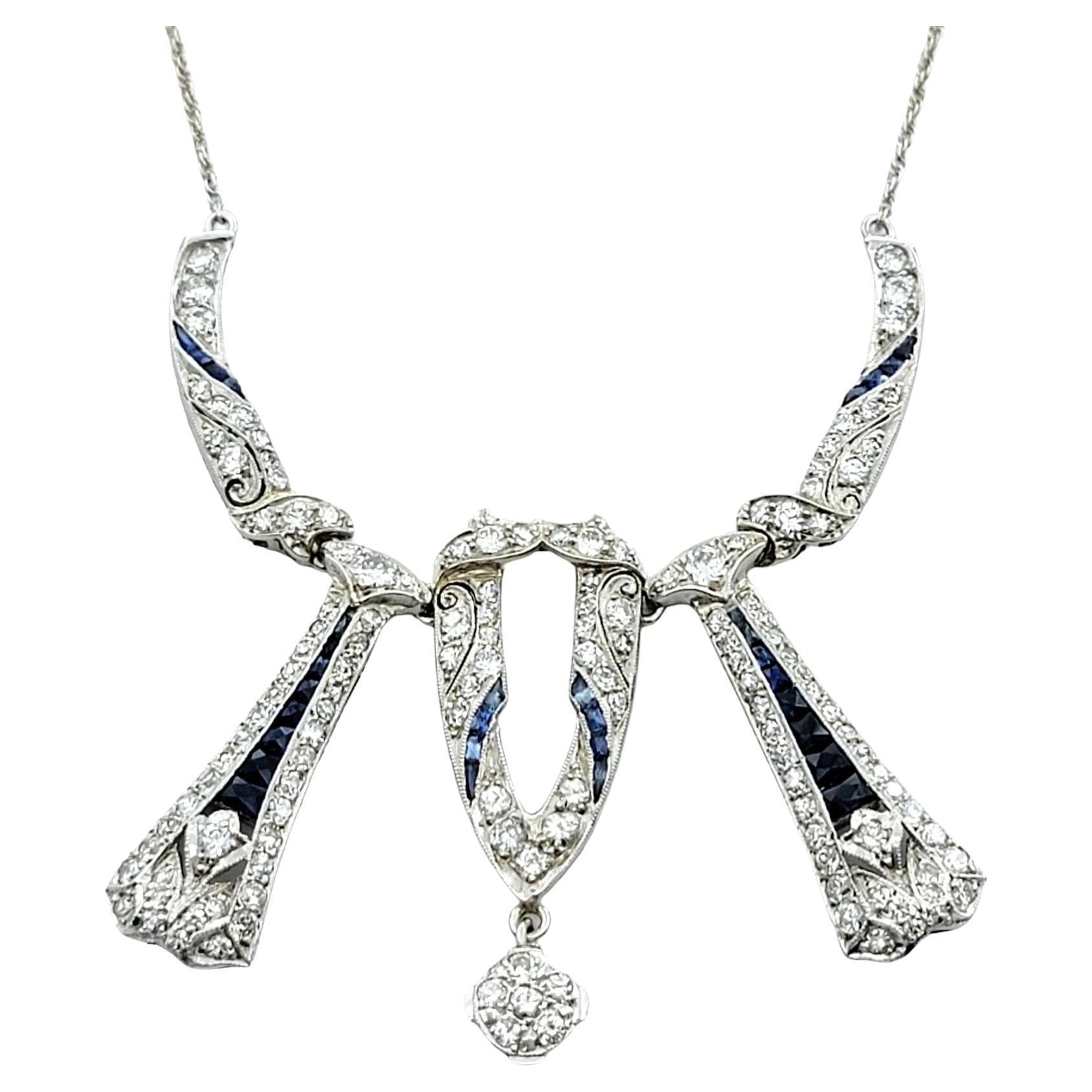 Diamond and Blue Sapphire Art Deco Necklace with Milgrain in 14 Karat White Gold For Sale