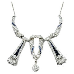 Retro Diamond and Blue Sapphire Art Deco Necklace with Milgrain in 14 Karat White Gold
