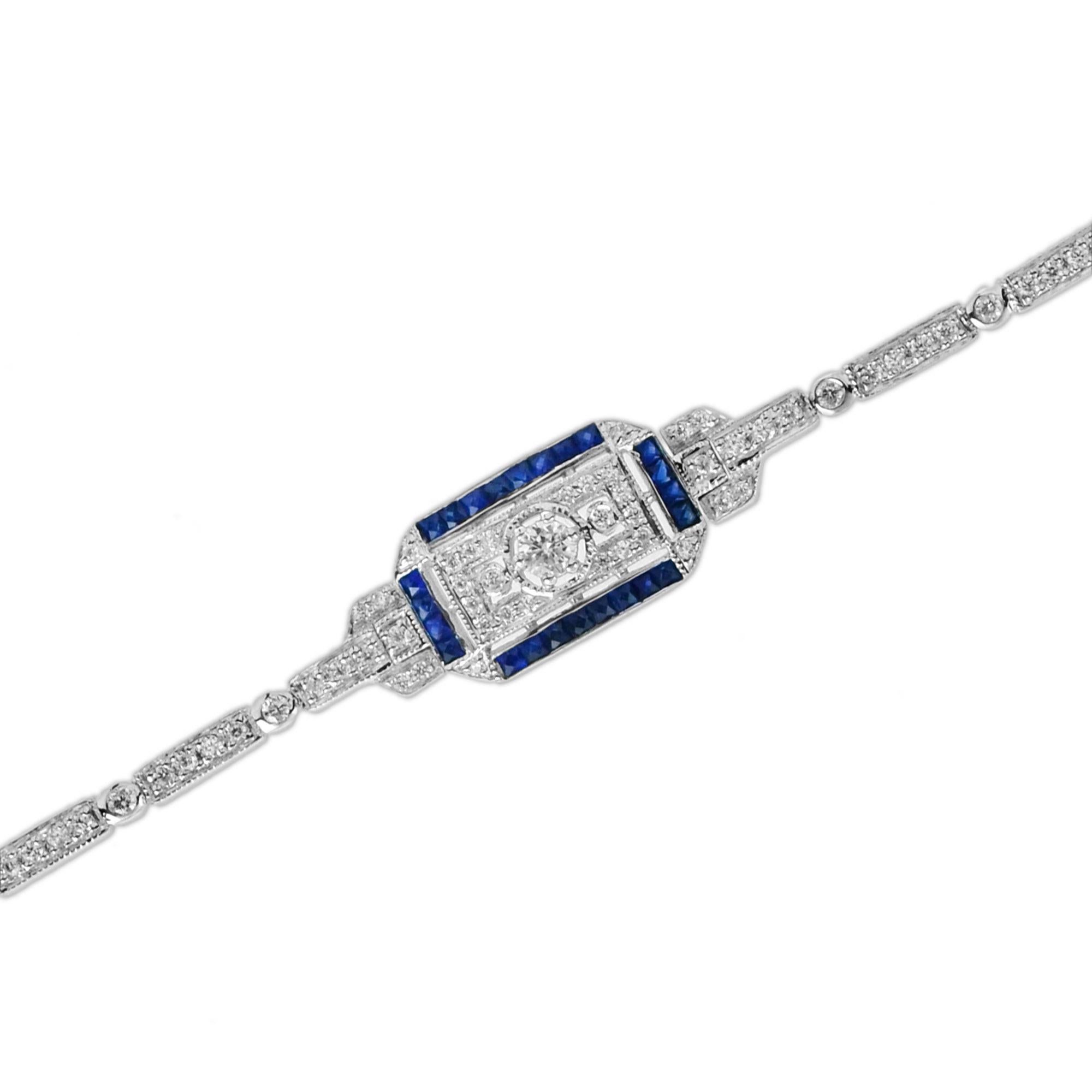 Round Cut Diamond and Blue Sapphire Art Deco Style Bracelet in 18K White Gold  For Sale