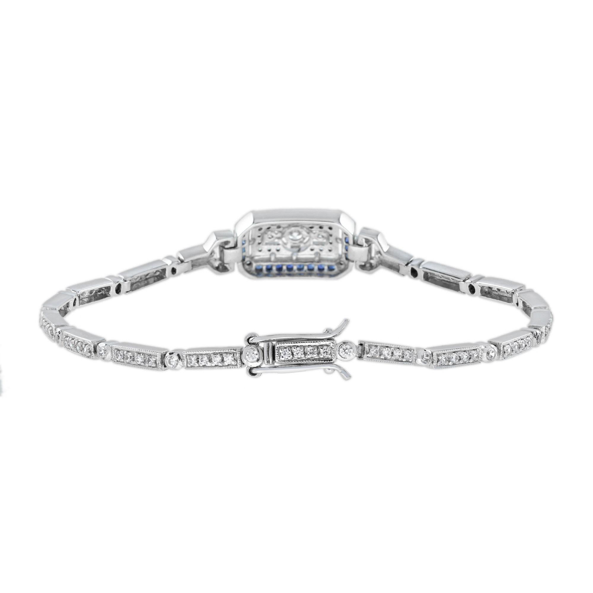 Armband aus 18 Karat Weißgold mit Diamanten und blauen Saphiren im Art-déco-Stil  (Rundschliff) im Angebot
