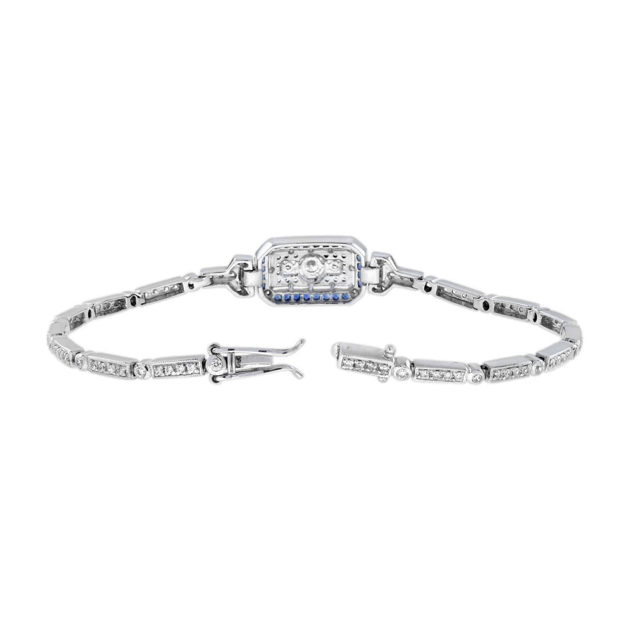 Women's Diamond and Blue Sapphire Art Deco Style Bracelet in 18K White Gold  For Sale
