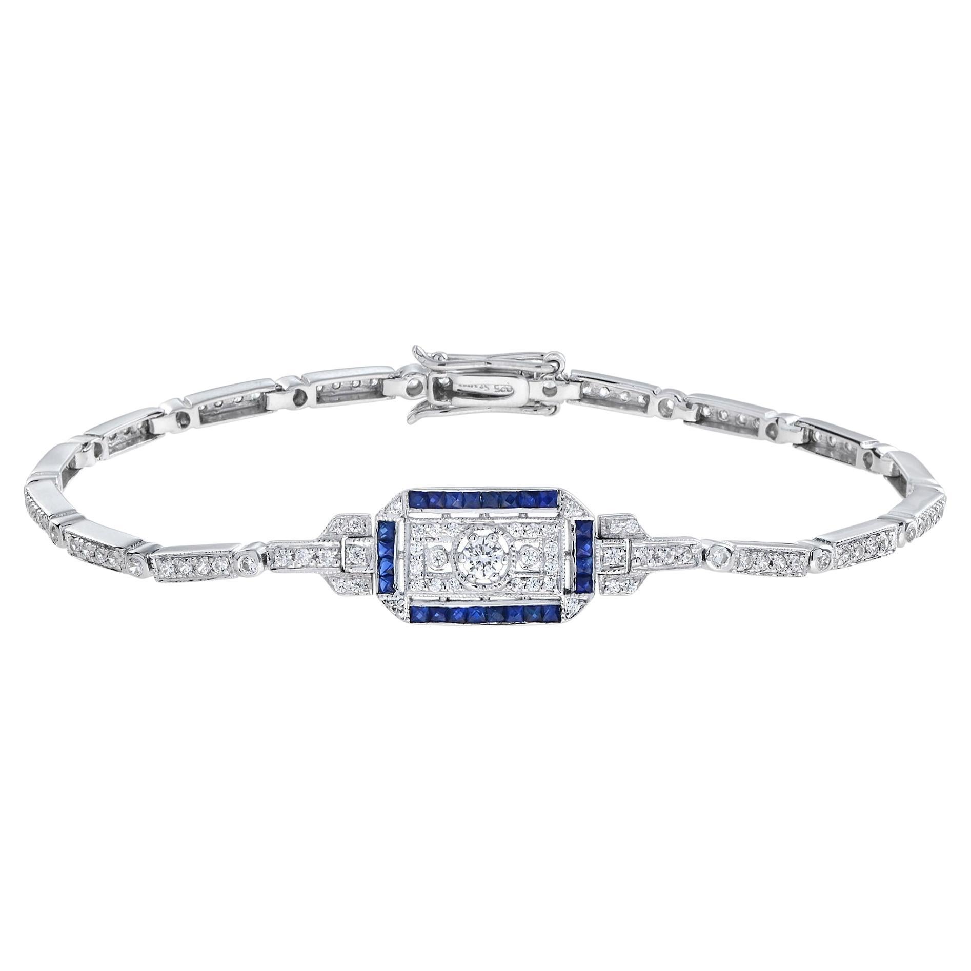 Diamond and Blue Sapphire Art Deco Style Bracelet in 18K White Gold  For Sale