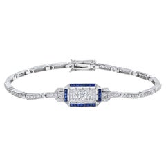 Bracelet de style Art déco en or blanc 18 carats avec diamants et saphirs bleus 