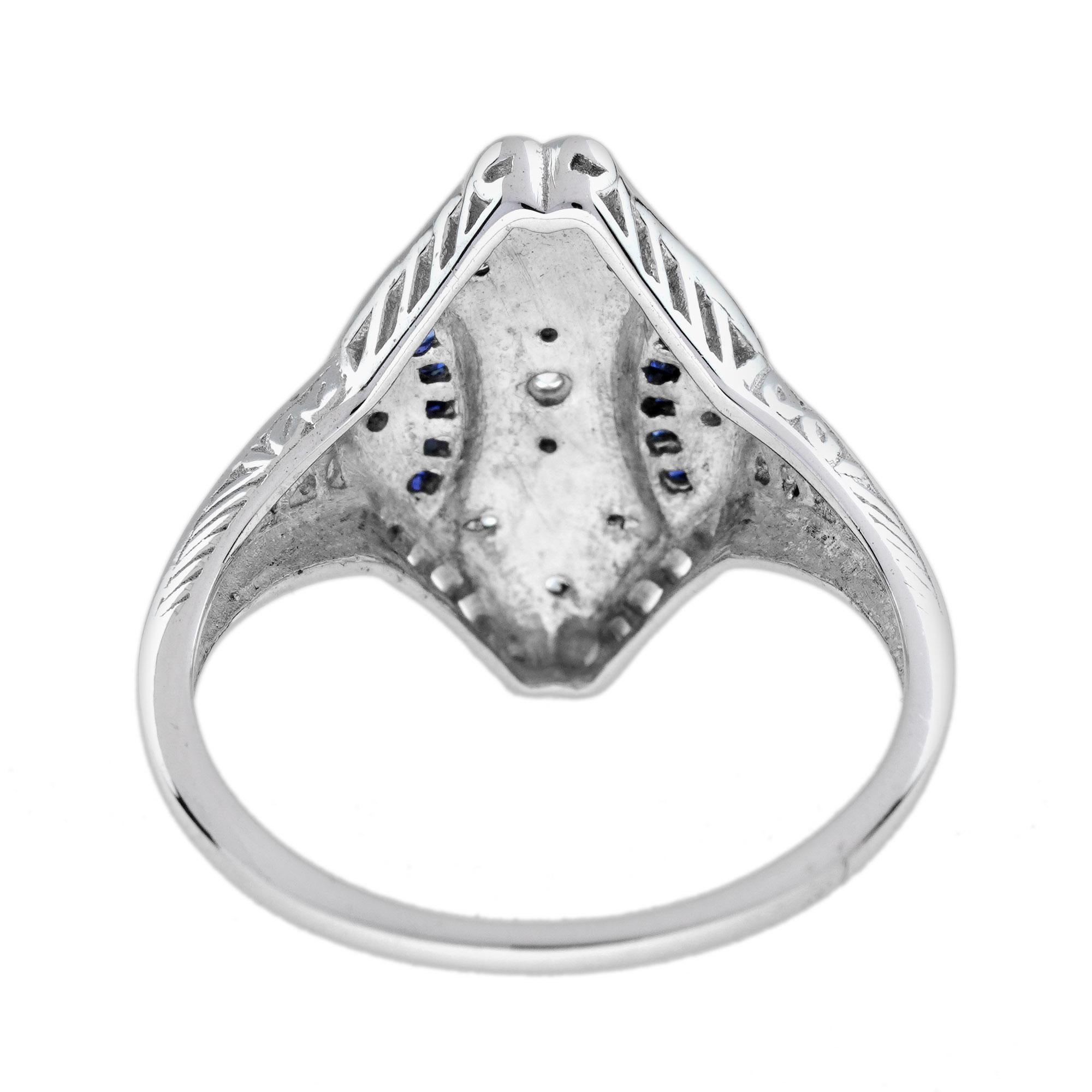 in vendita:  Anello a grappolo con diamanti e zaffiri blu in stile Art Déco in oro bianco 14 carati 5