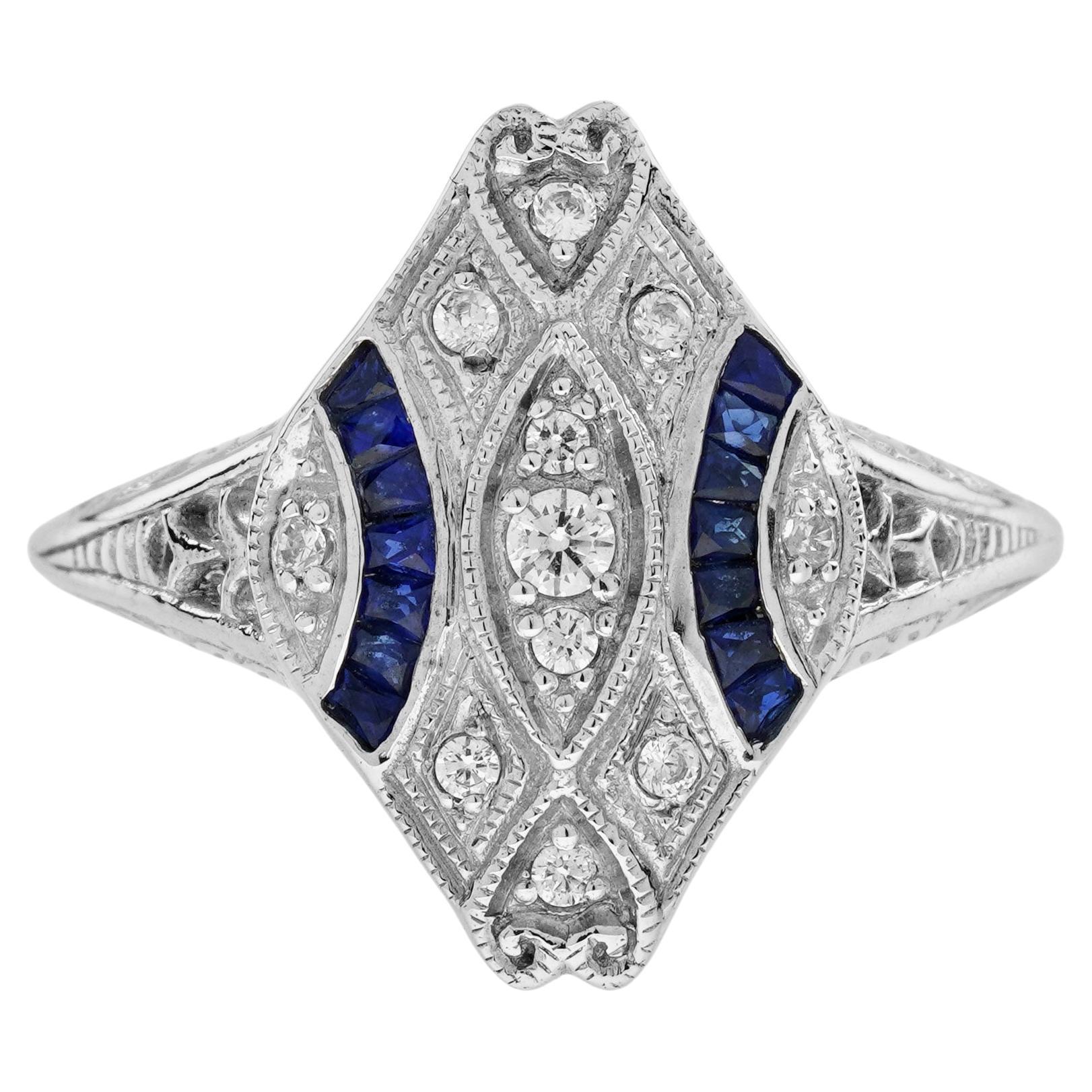 Diamant- und blauer Saphir-Cluster-Ring im Art-déco-Stil aus 14K Weißgold mit Diamanten