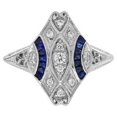 Diamond and Blue Sapphire Art Deco Style Cluster Ring in 14K White Gold