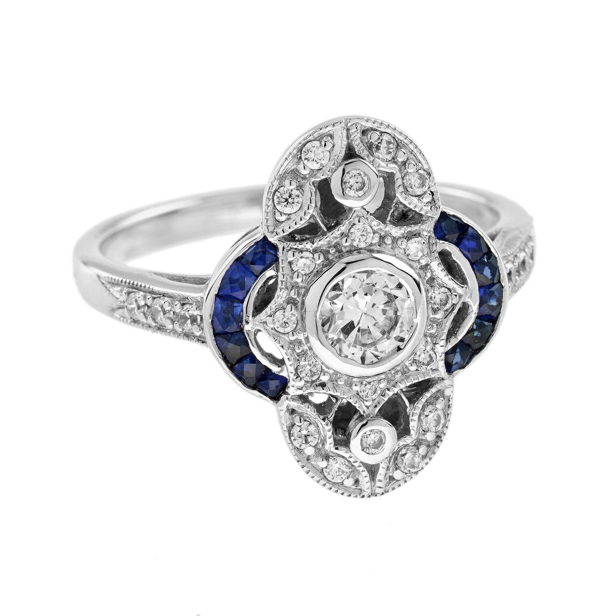 For Sale:  Diamond and Blue Sapphire Art Deco Style Cluster Ring in 18K White Gold 3