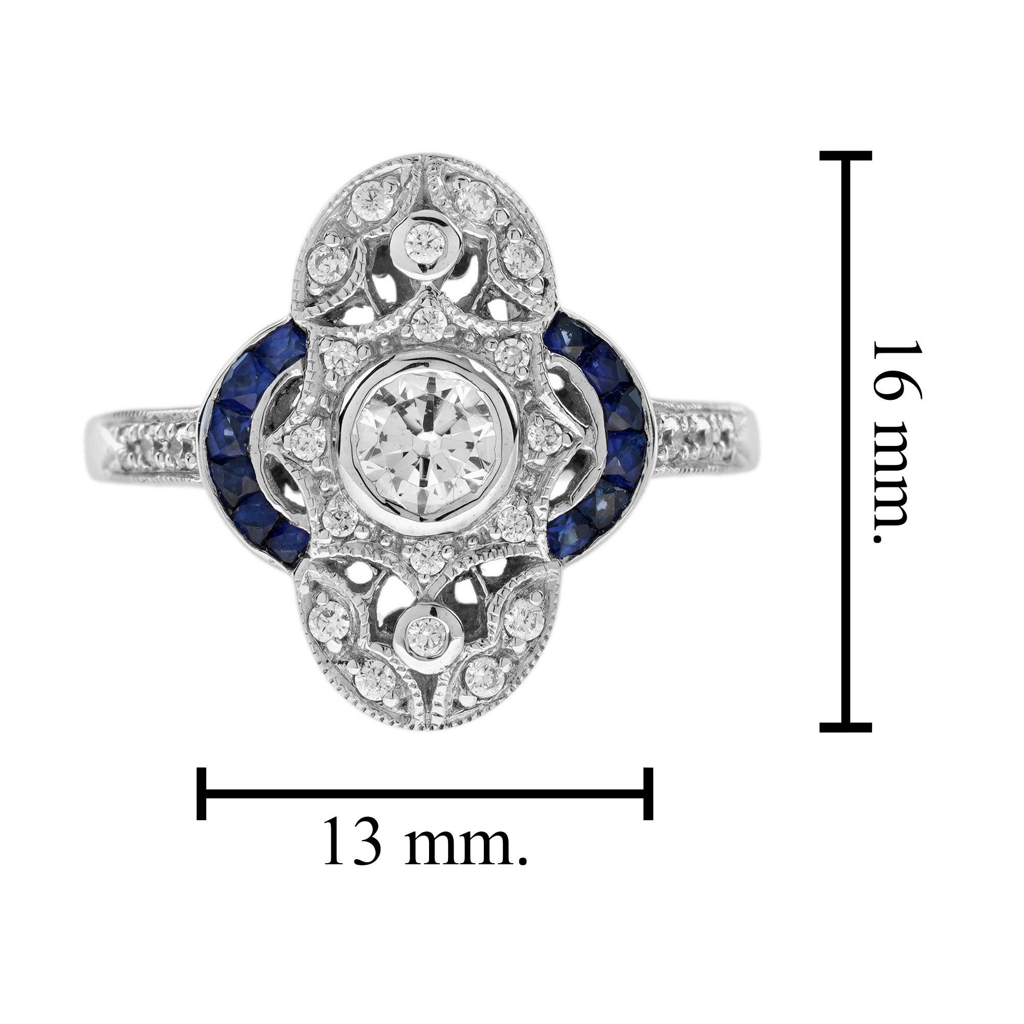 For Sale:  Diamond and Blue Sapphire Art Deco Style Cluster Ring in 18K White Gold 7