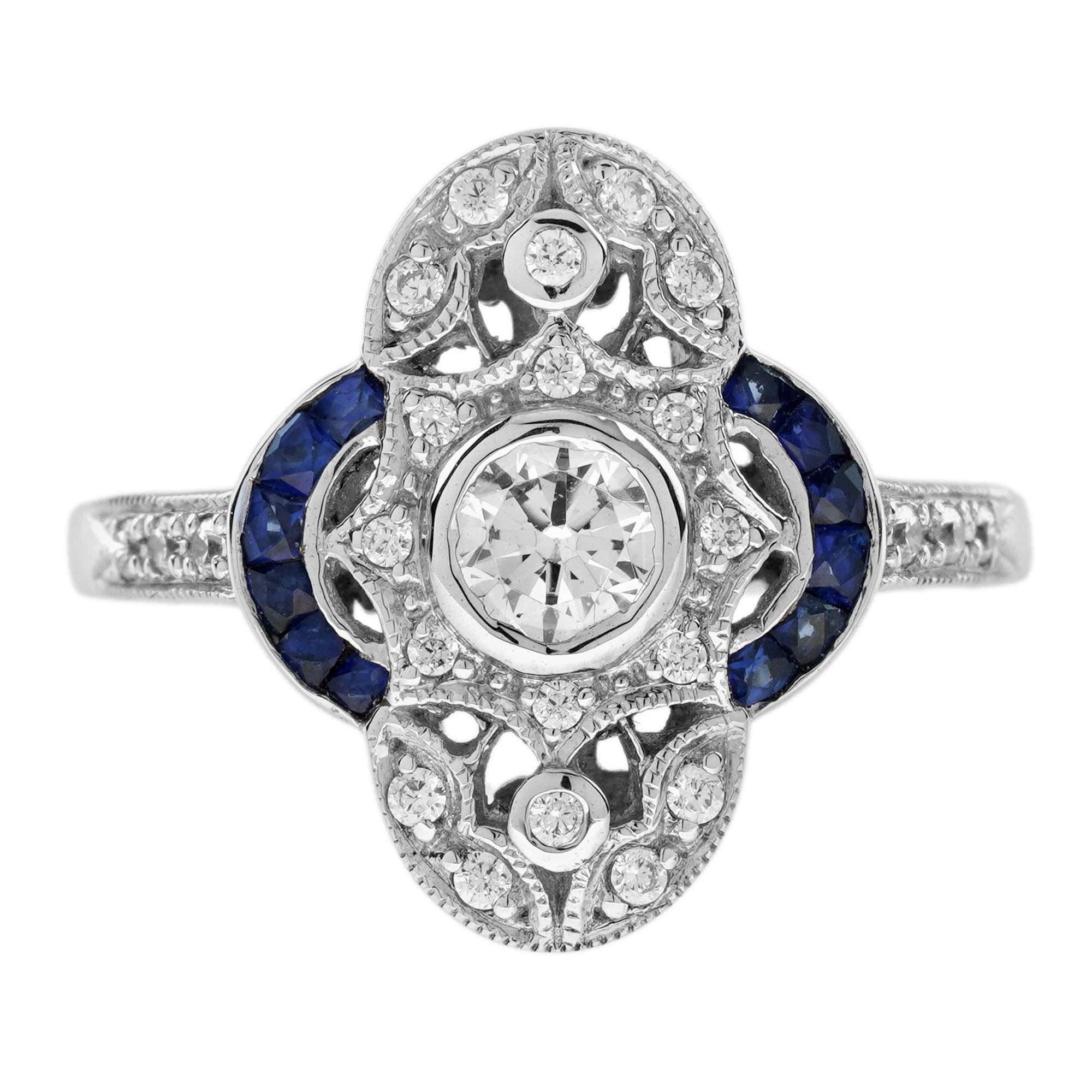 Anillo Racimo Estilo Art Decó de Diamantes y Zafiro Azul en Oro Blanco de 18K