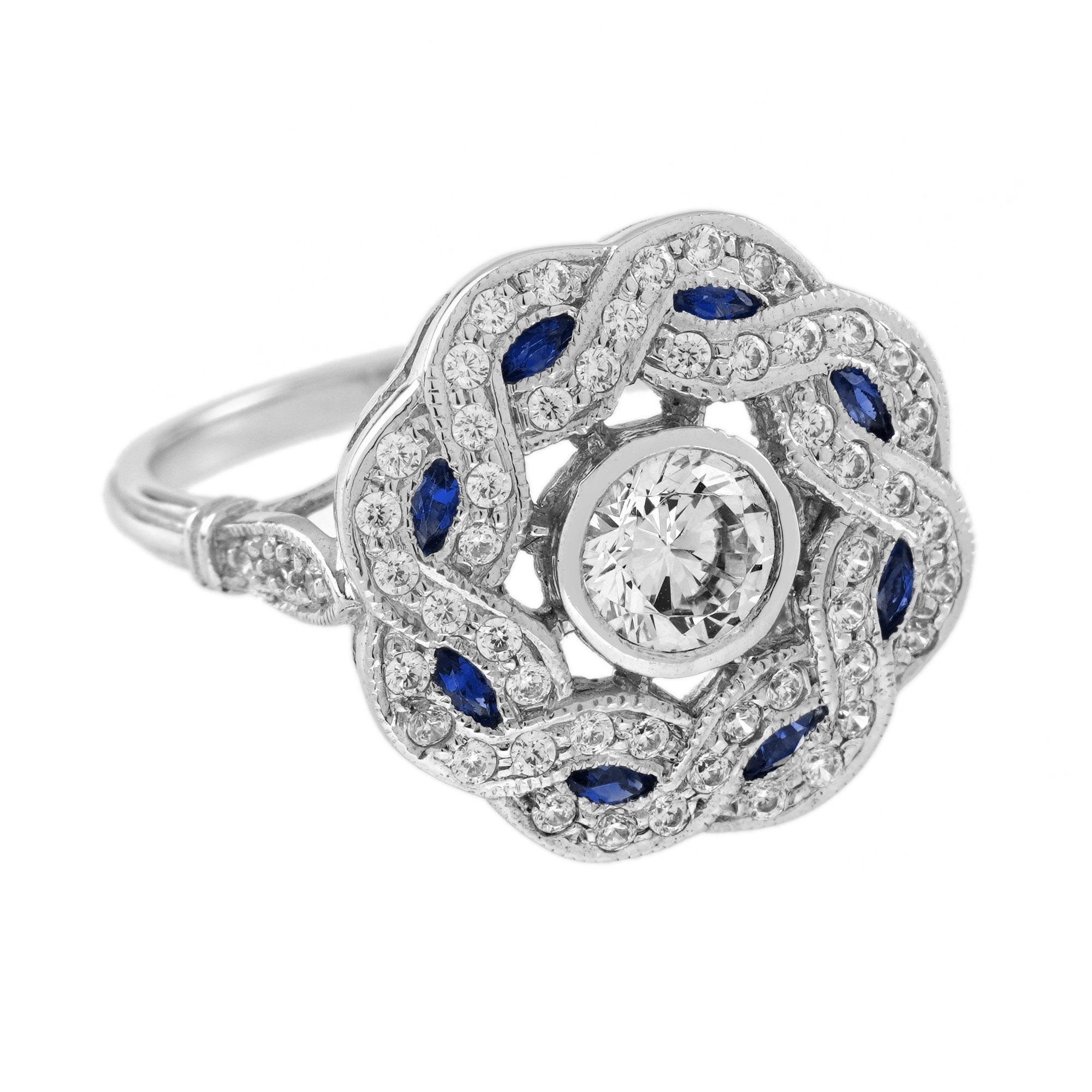 Round Cut Diamond and Blue Sapphire Art Deco Style Curl Ring in 18K White Gold For Sale
