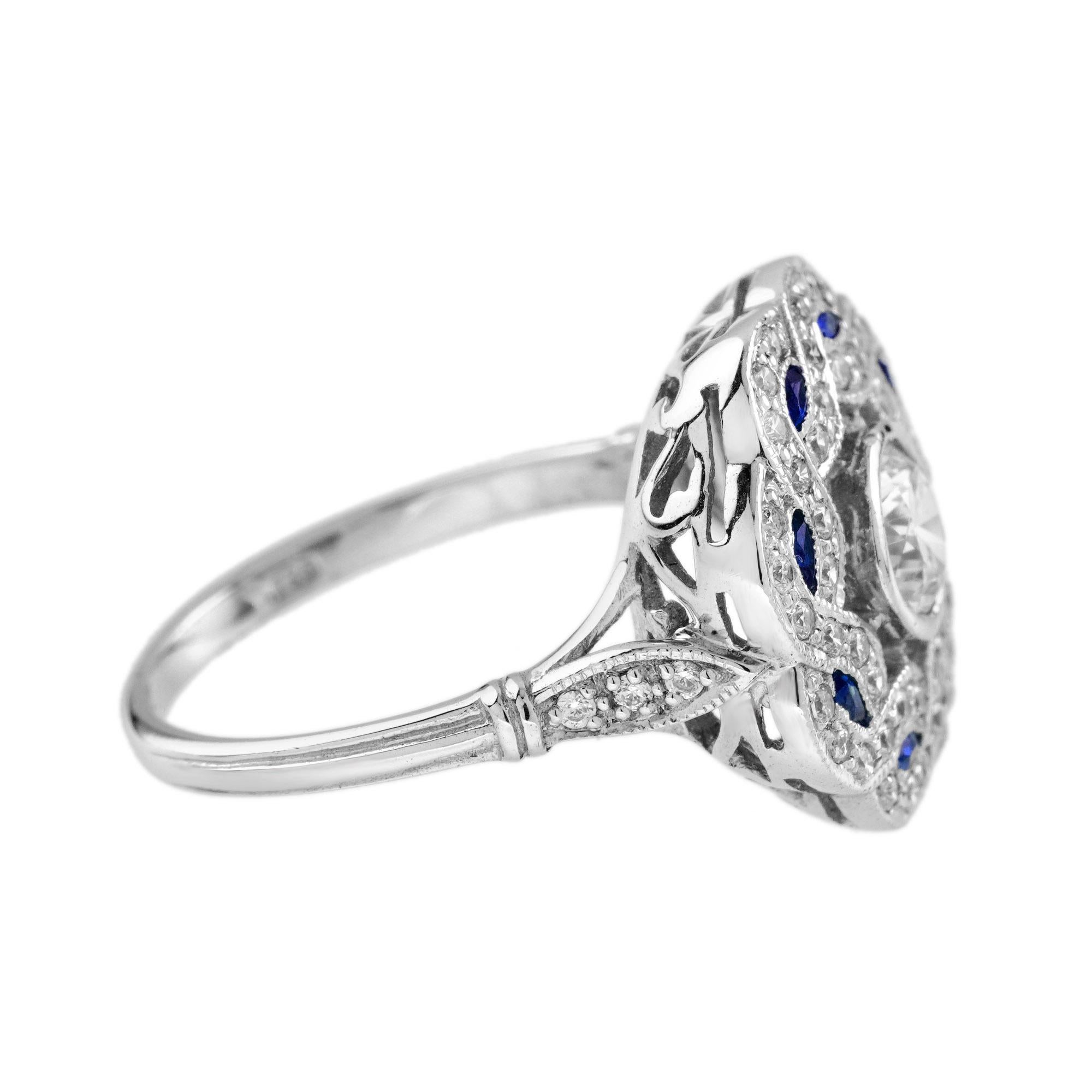 Diamond and Blue Sapphire Art Deco Style Curl Ring in 18K White Gold In New Condition For Sale In Bangkok, TH