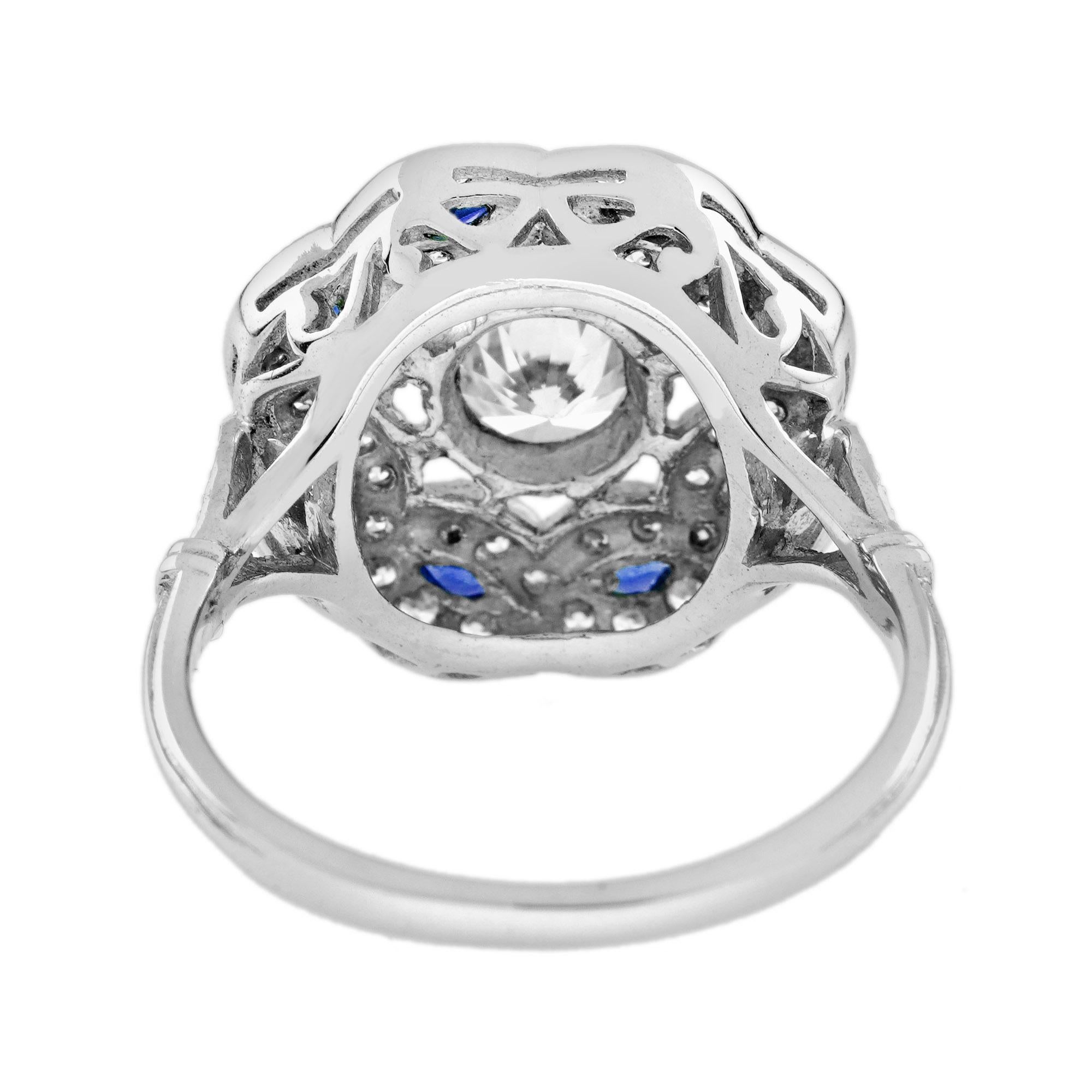 Women's Diamond and Blue Sapphire Art Deco Style Curl Ring in 18K White Gold For Sale