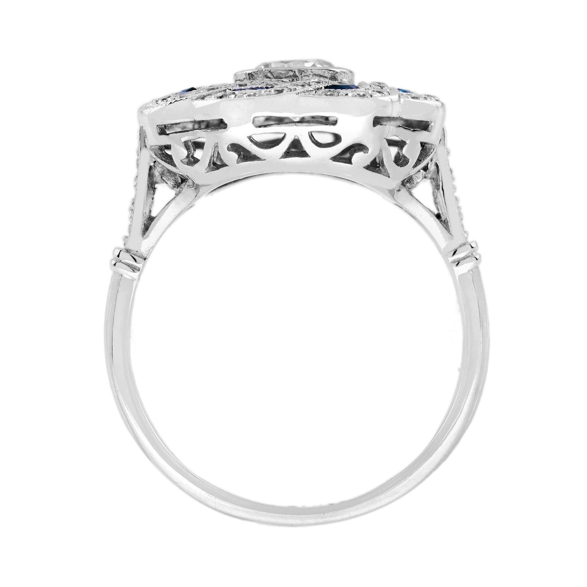 Diamond and Blue Sapphire Art Deco Style Curl Ring in 18K White Gold For Sale 1