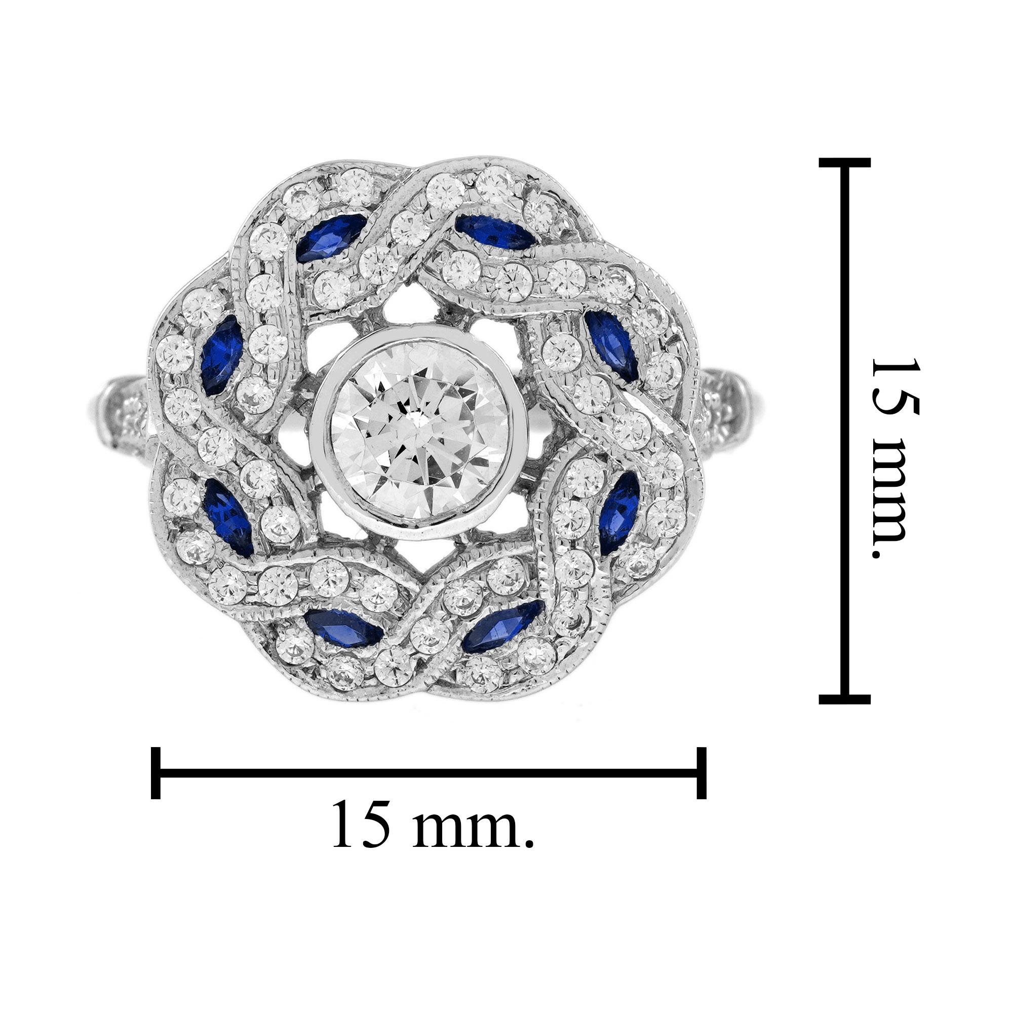 Diamond and Blue Sapphire Art Deco Style Curl Ring in 18K White Gold For Sale 2