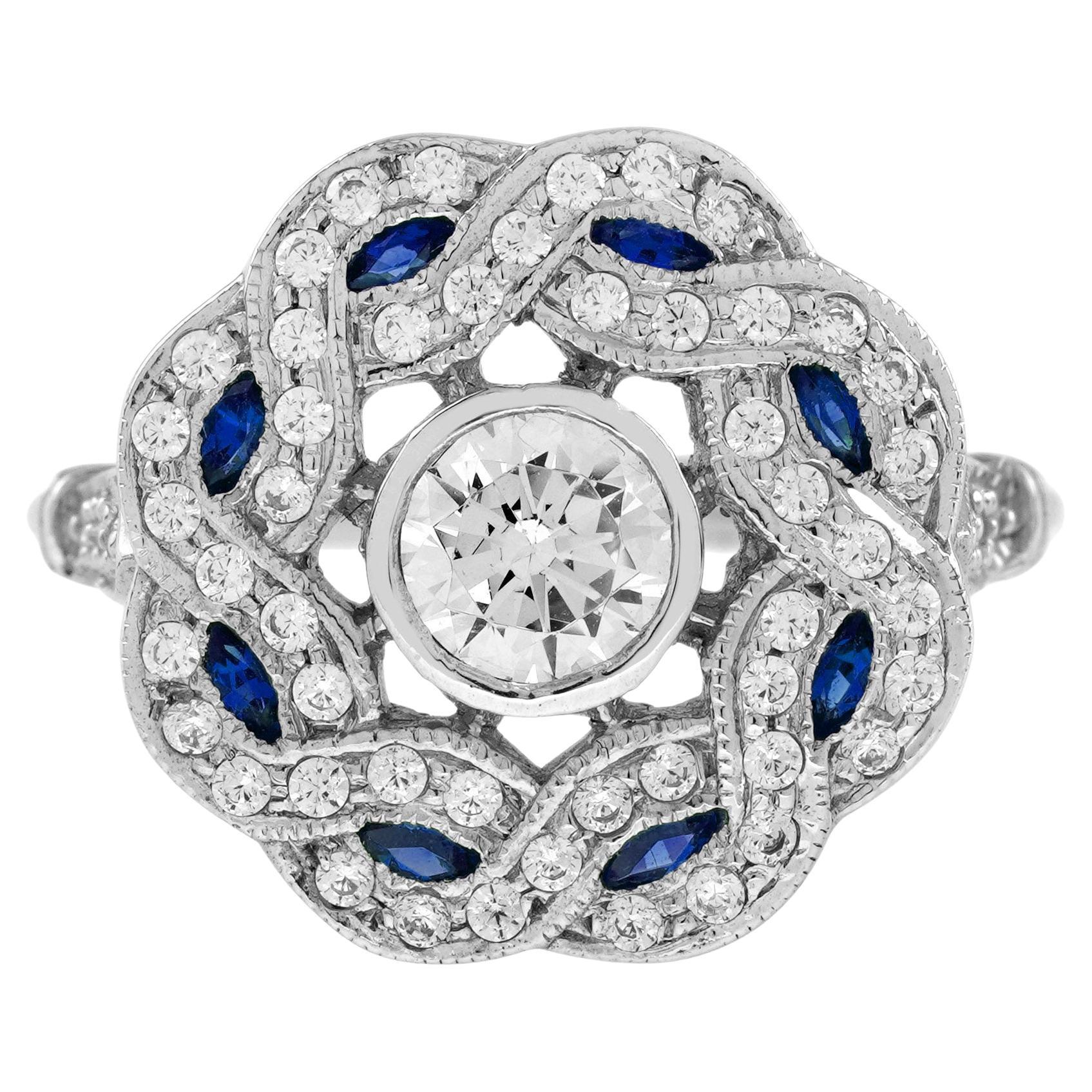Anello con diamanti e zaffiri blu in stile Art Déco in oro bianco 18 carati