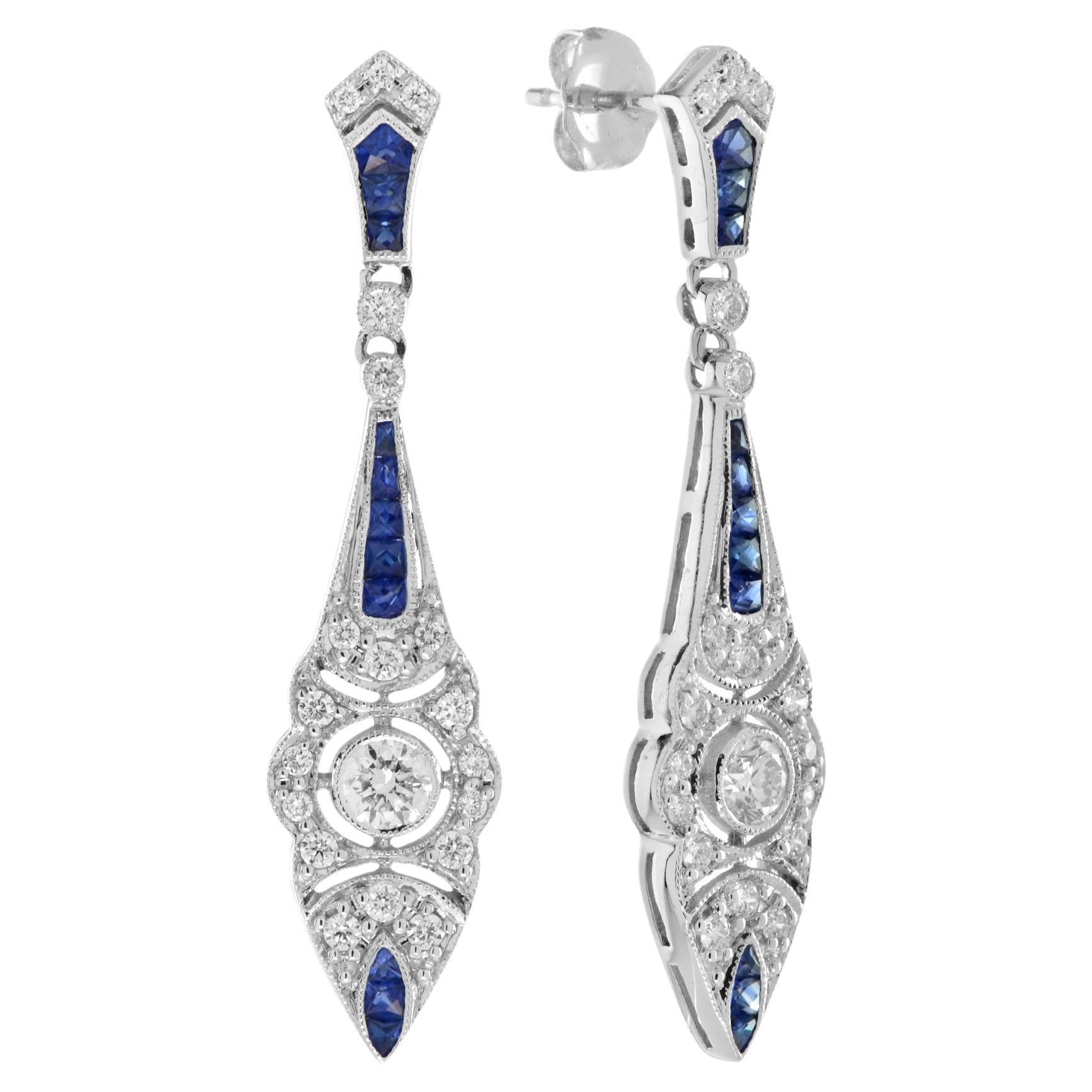 Diamond and Blue Sapphire Art Deco Style Drop Earrings in 14K White Gold