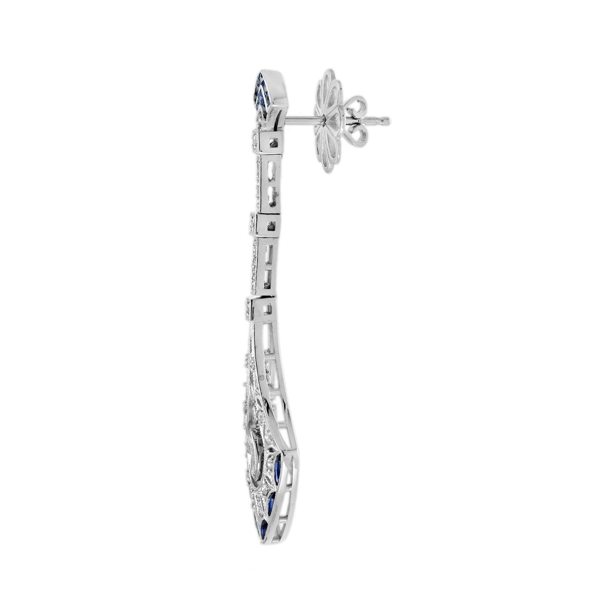 Oval Cut Diamond and Blue Sapphire Art Deco Style Drop Earrings in 18K White Gold