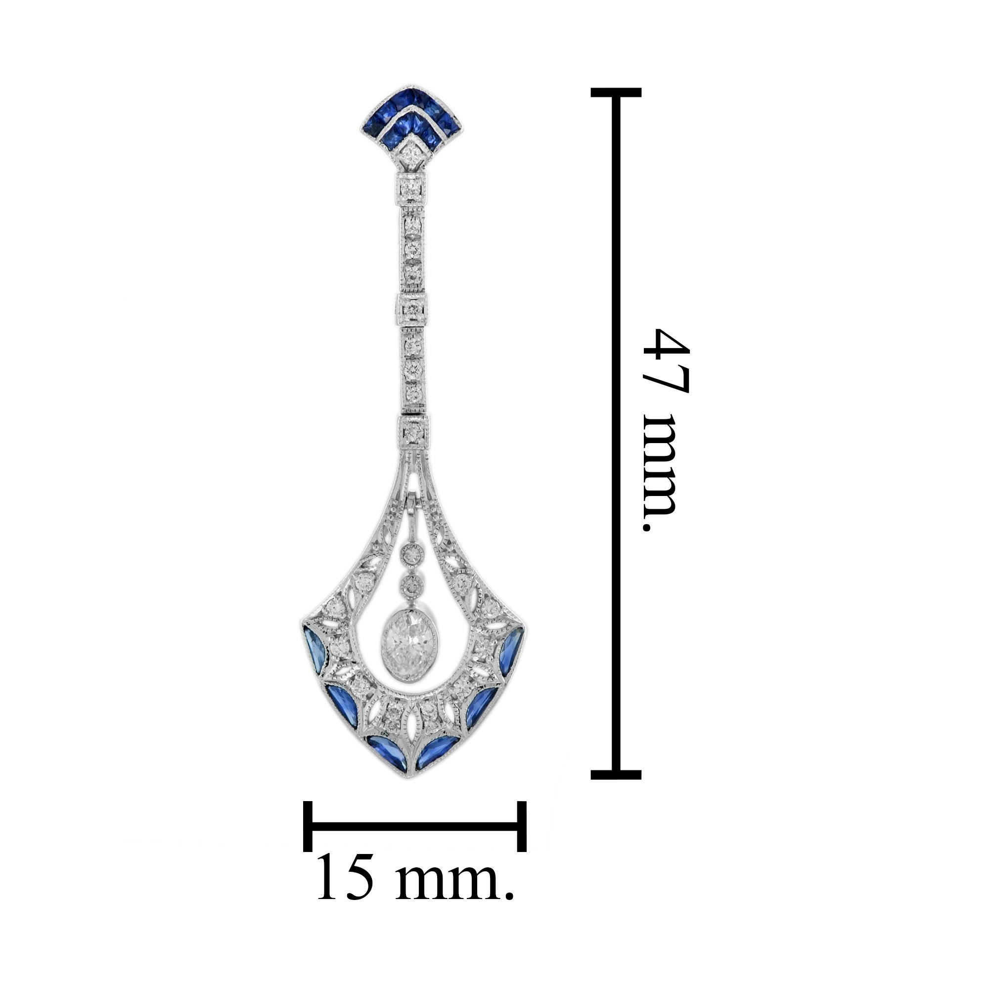 Women's Diamond and Blue Sapphire Art Deco Style Drop Earrings in 18K White Gold