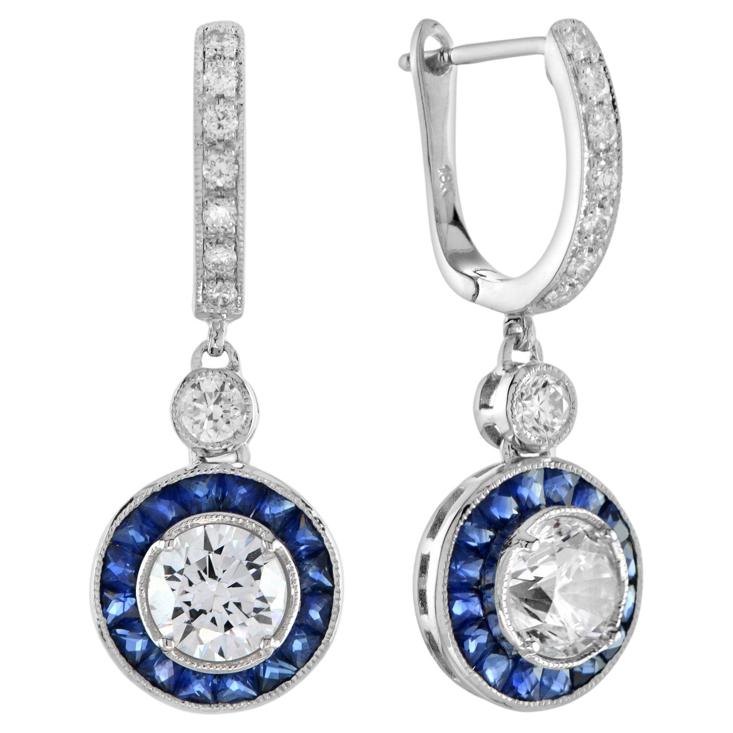 Diamond and Blue Sapphire Art Deco Style Drop Earrings in 18K White Gold For Sale