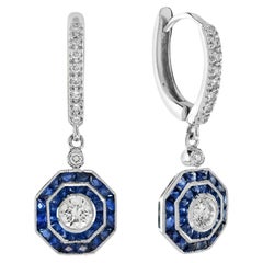 Diamond and Blue Sapphire Art Deco Style Drop Earrings in 18K White Gold