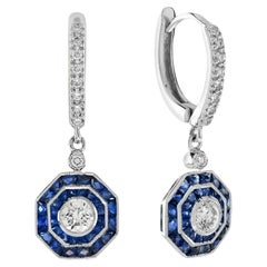 Boucles d'oreilles pendantes en or blanc 18 carats, diamant et saphir bleu, style Art Déco