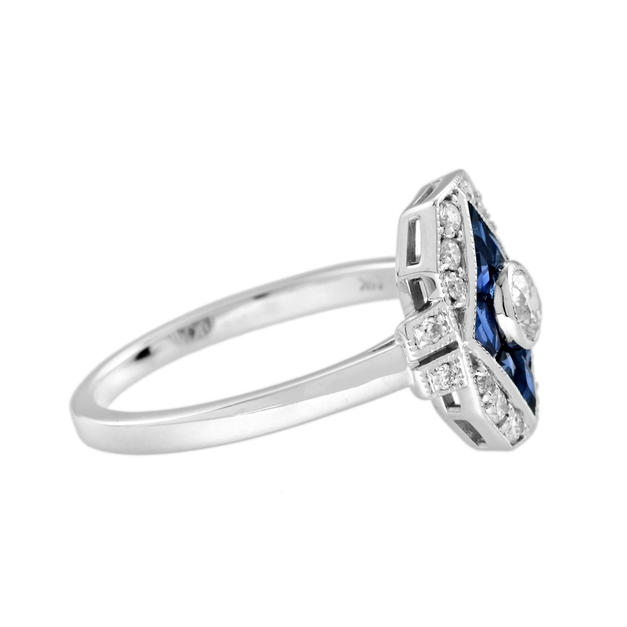 Women's Diamond and Blue Sapphire Art Deco Style Engagement Ring in 14k White Gold For Sale