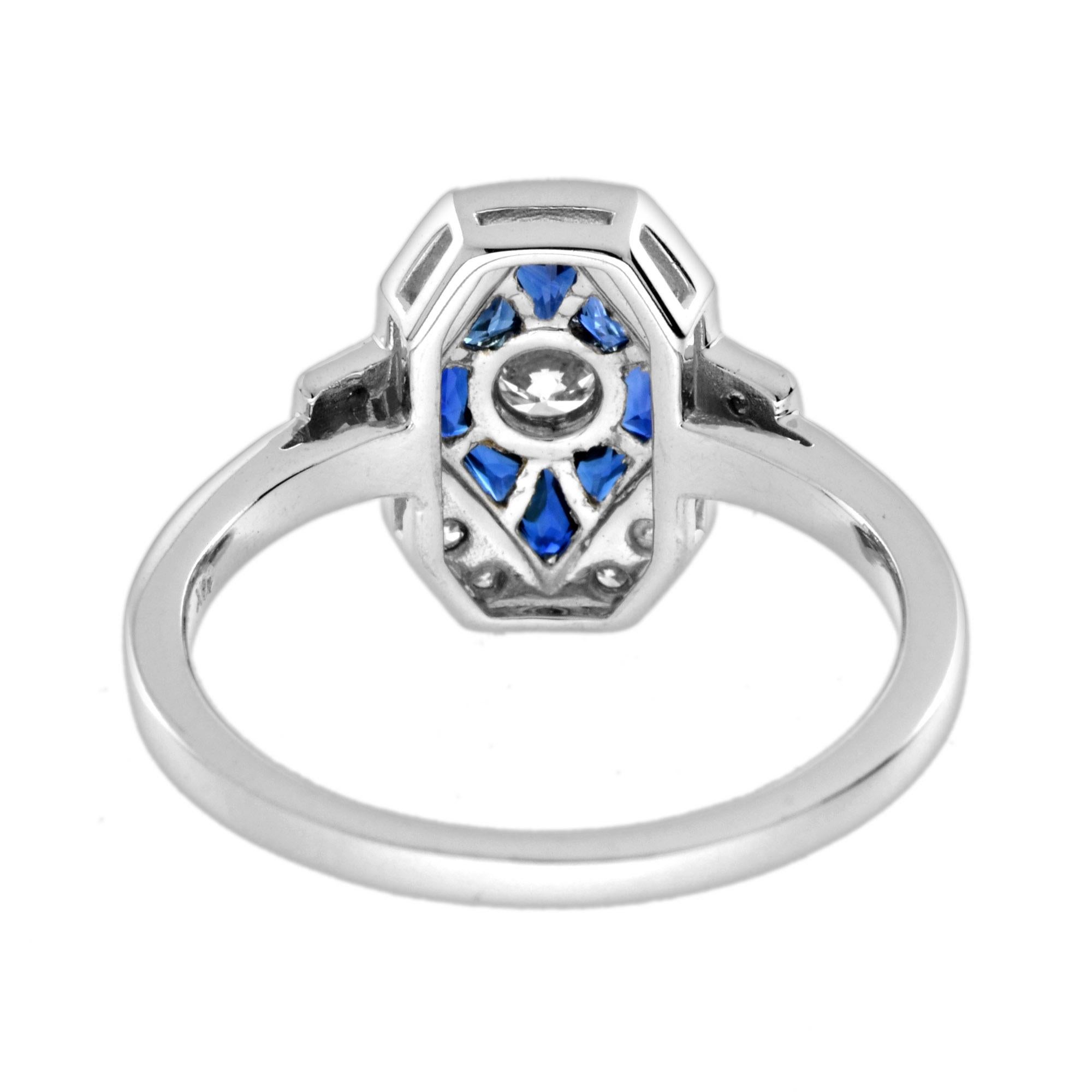 Diamond and Blue Sapphire Art Deco Style Engagement Ring in 14k White Gold For Sale 1