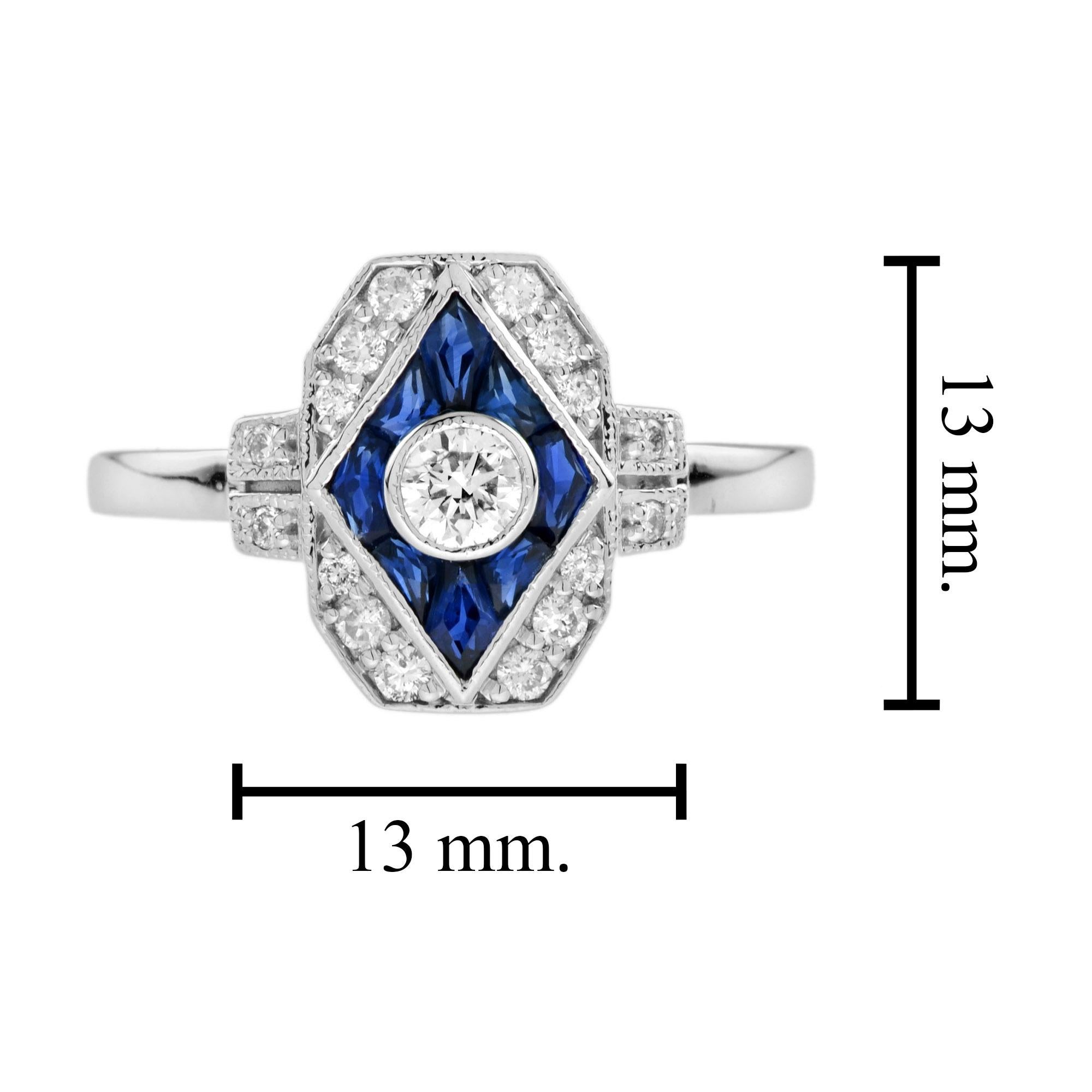 Diamond and Blue Sapphire Art Deco Style Engagement Ring in 14k White Gold For Sale 3