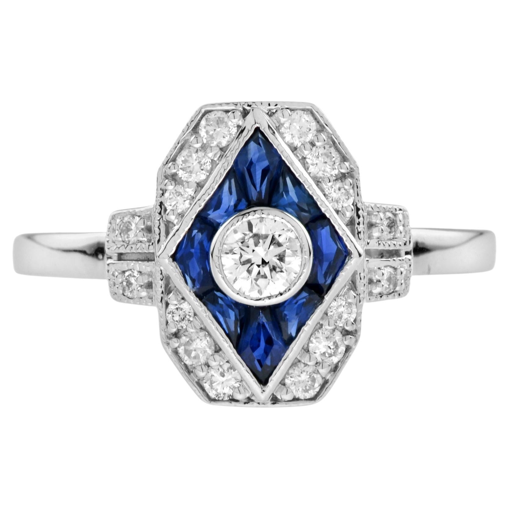 Bague de fiançailles de style Art déco en or blanc 14 carats avec diamants et saphirs bleus