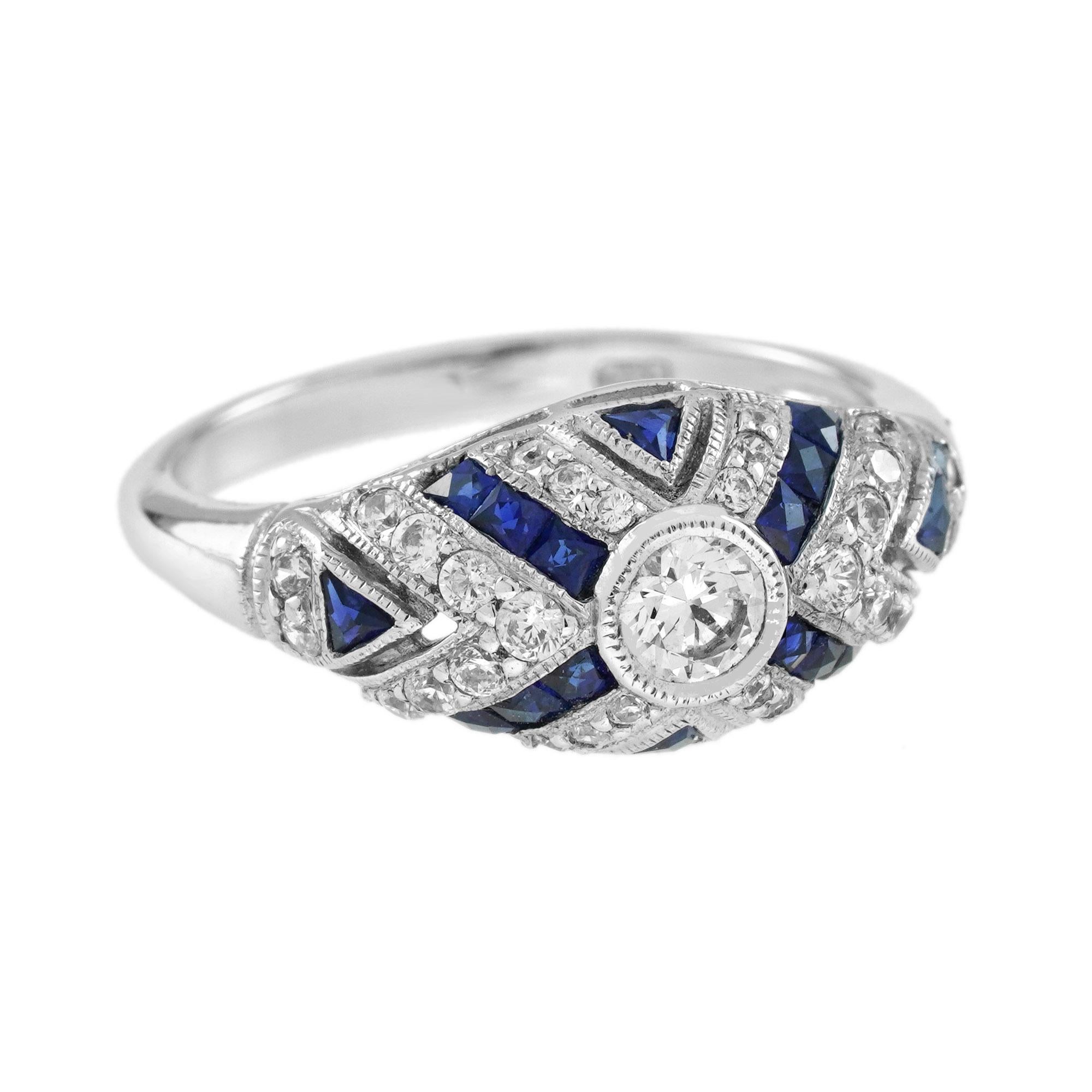 Round Cut Diamond and Blue Sapphire Art Deco Style Engagement Ring in 18K White Gold For Sale