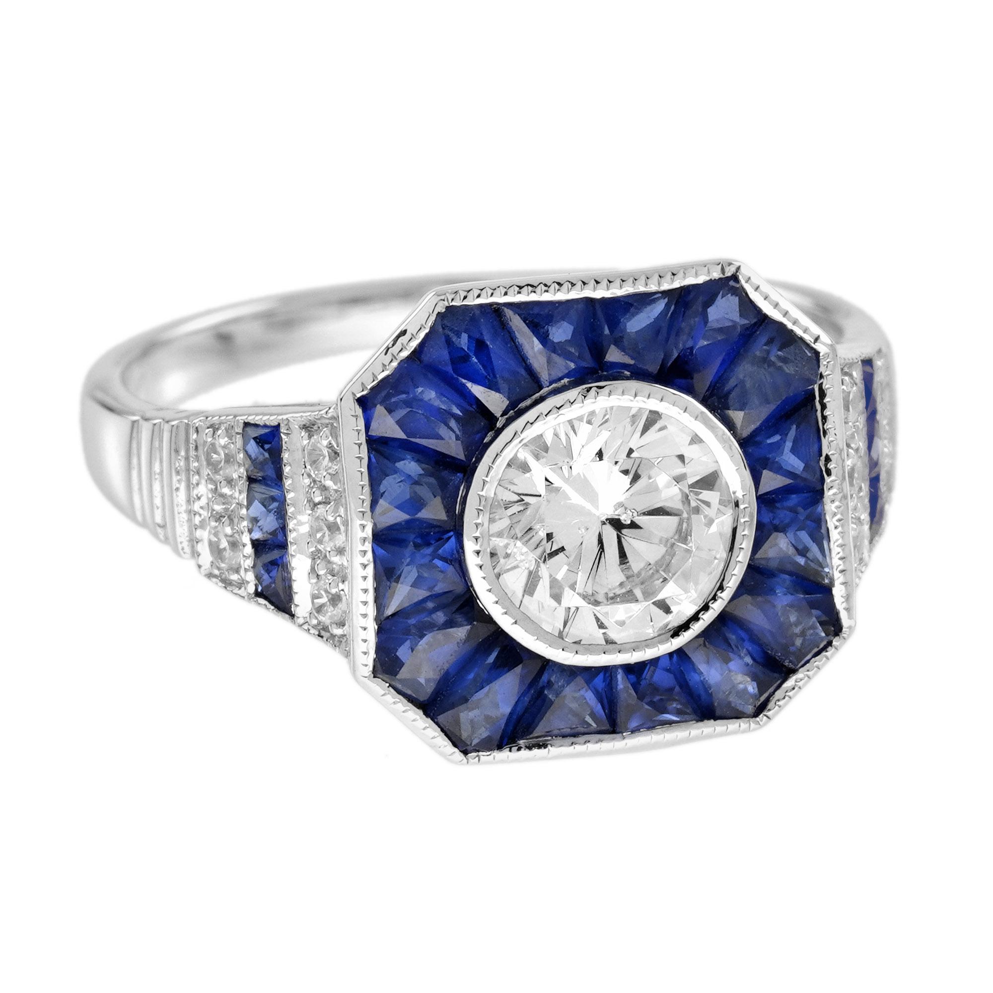 Round Cut Diamond and Blue Sapphire Art Deco Style Engagement Ring in 18K White Gold   For Sale