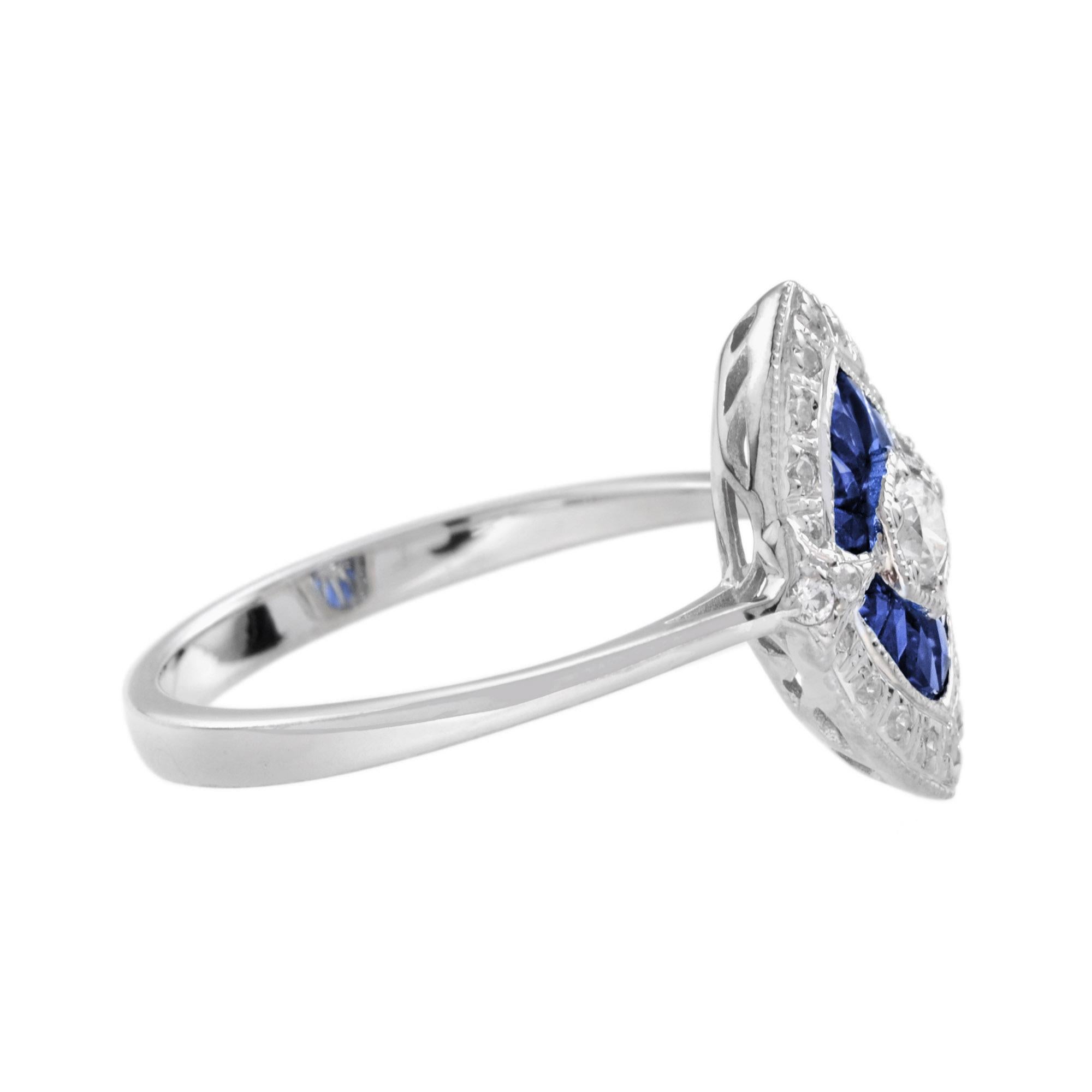 Diamond and Blue Sapphire Art Deco Style Engagement Ring in 18K White Gold In New Condition For Sale In Bangkok, TH
