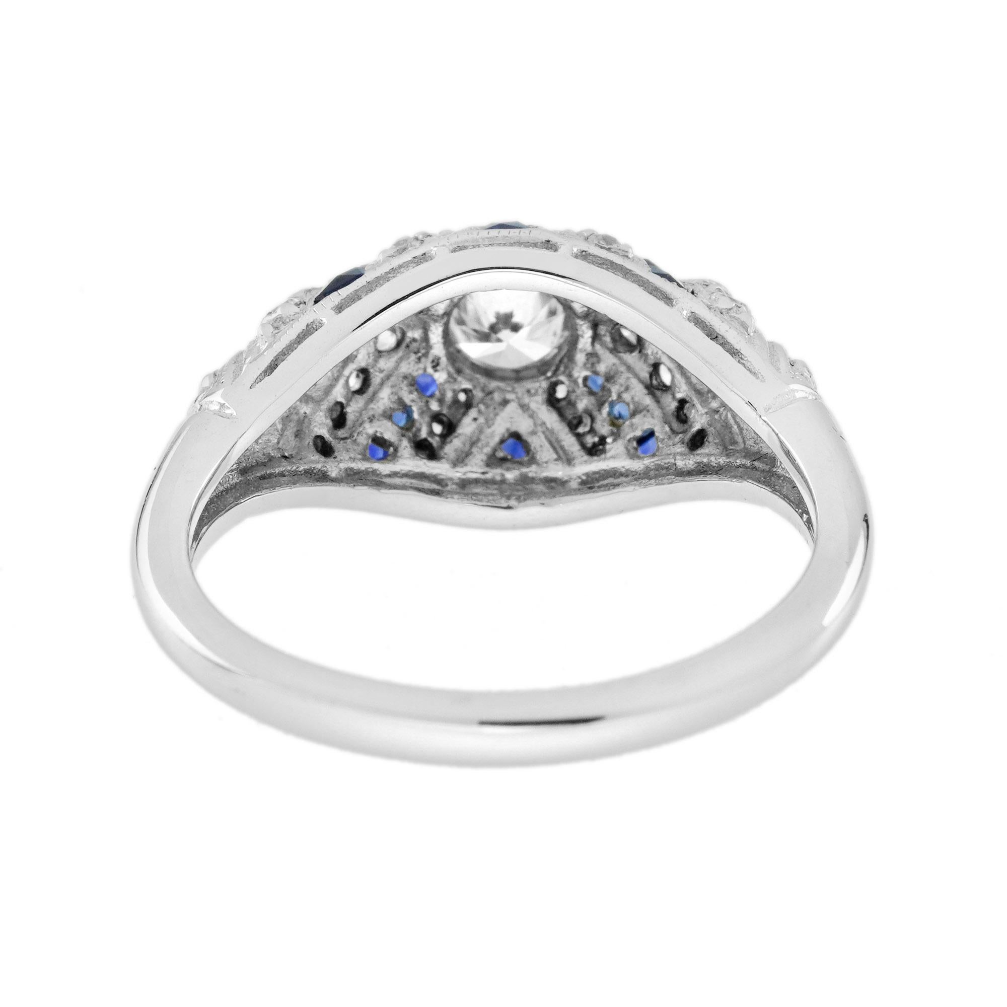 Women's Diamond and Blue Sapphire Art Deco Style Engagement Ring in 18K White Gold For Sale