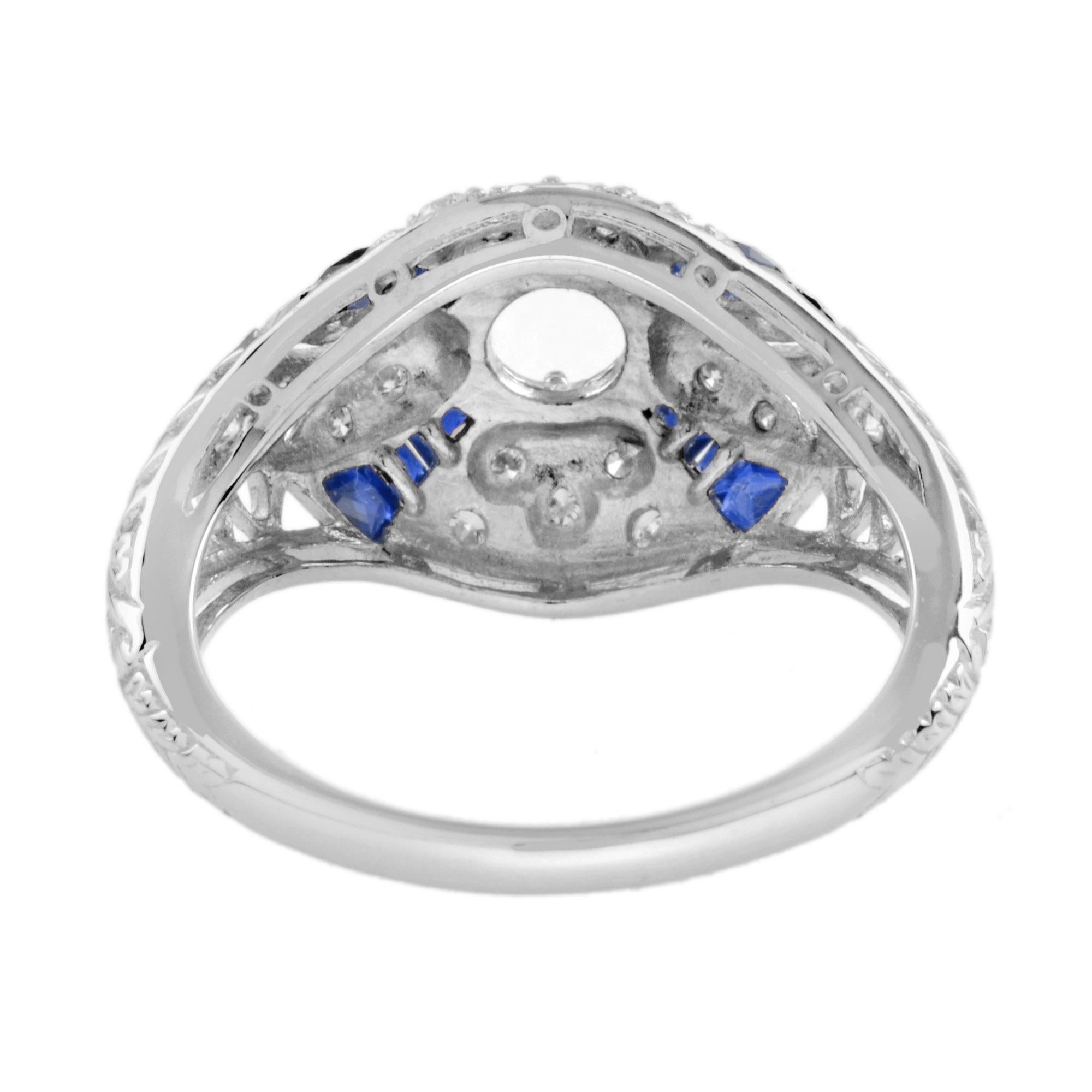Women's Diamond and Blue Sapphire Art Deco Style Engagement Ring in 18K White Gold  For Sale