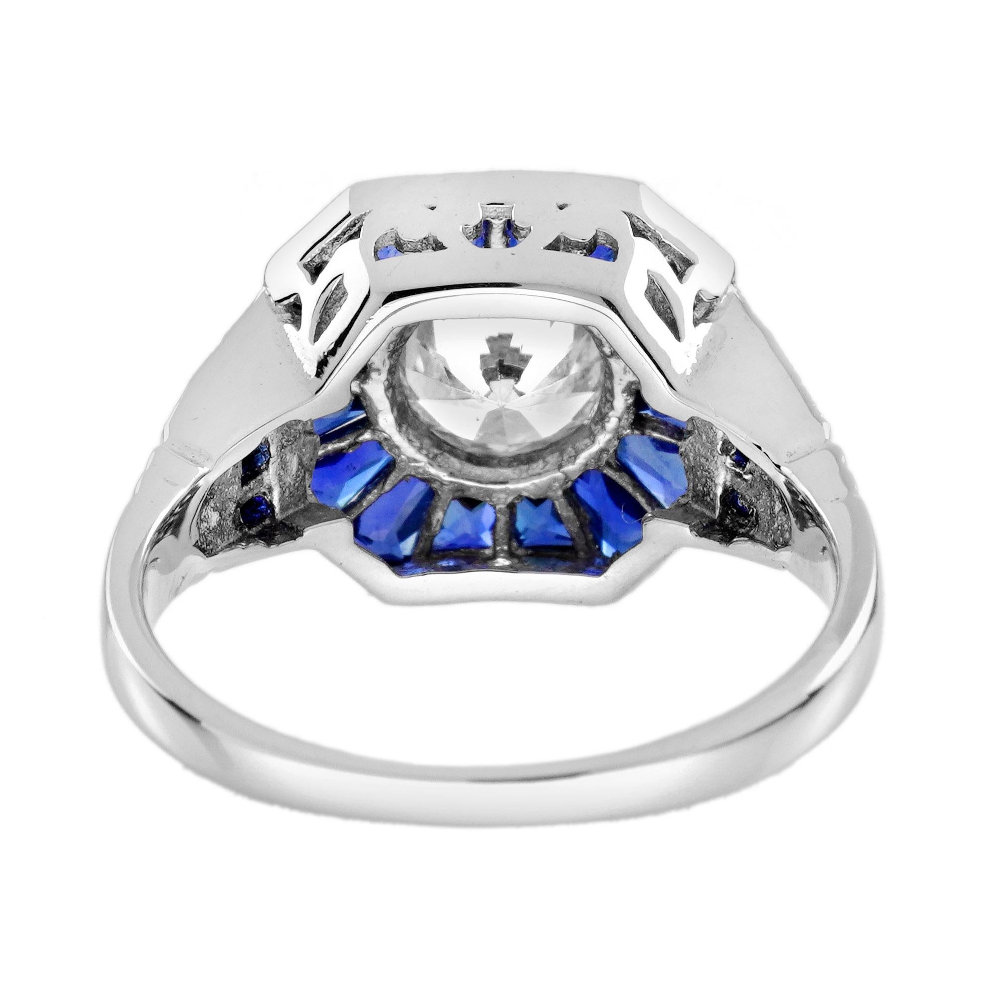 Women's Diamond and Blue Sapphire Art Deco Style Engagement Ring in 18K White Gold   For Sale