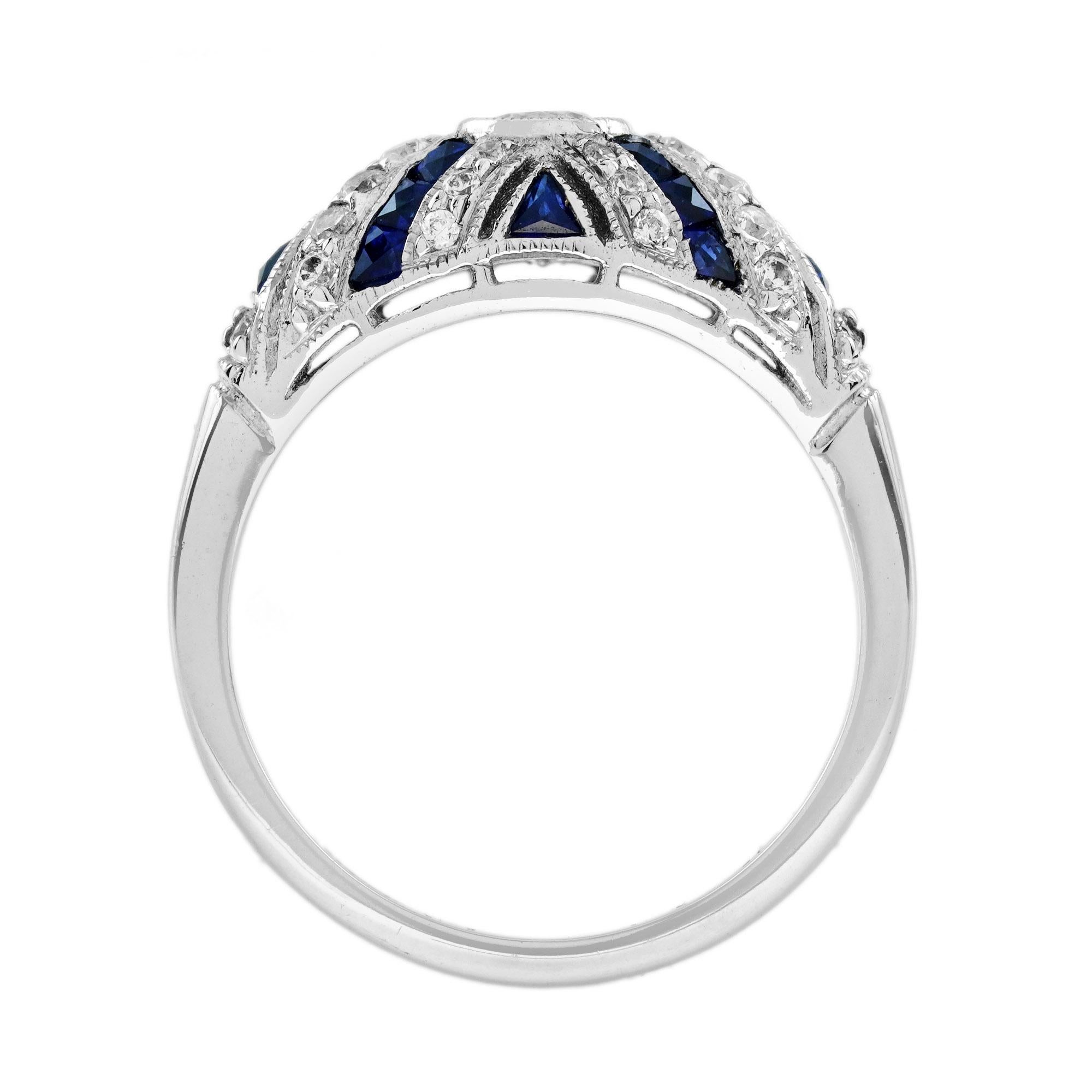 Diamond and Blue Sapphire Art Deco Style Engagement Ring in 18K White Gold For Sale 1