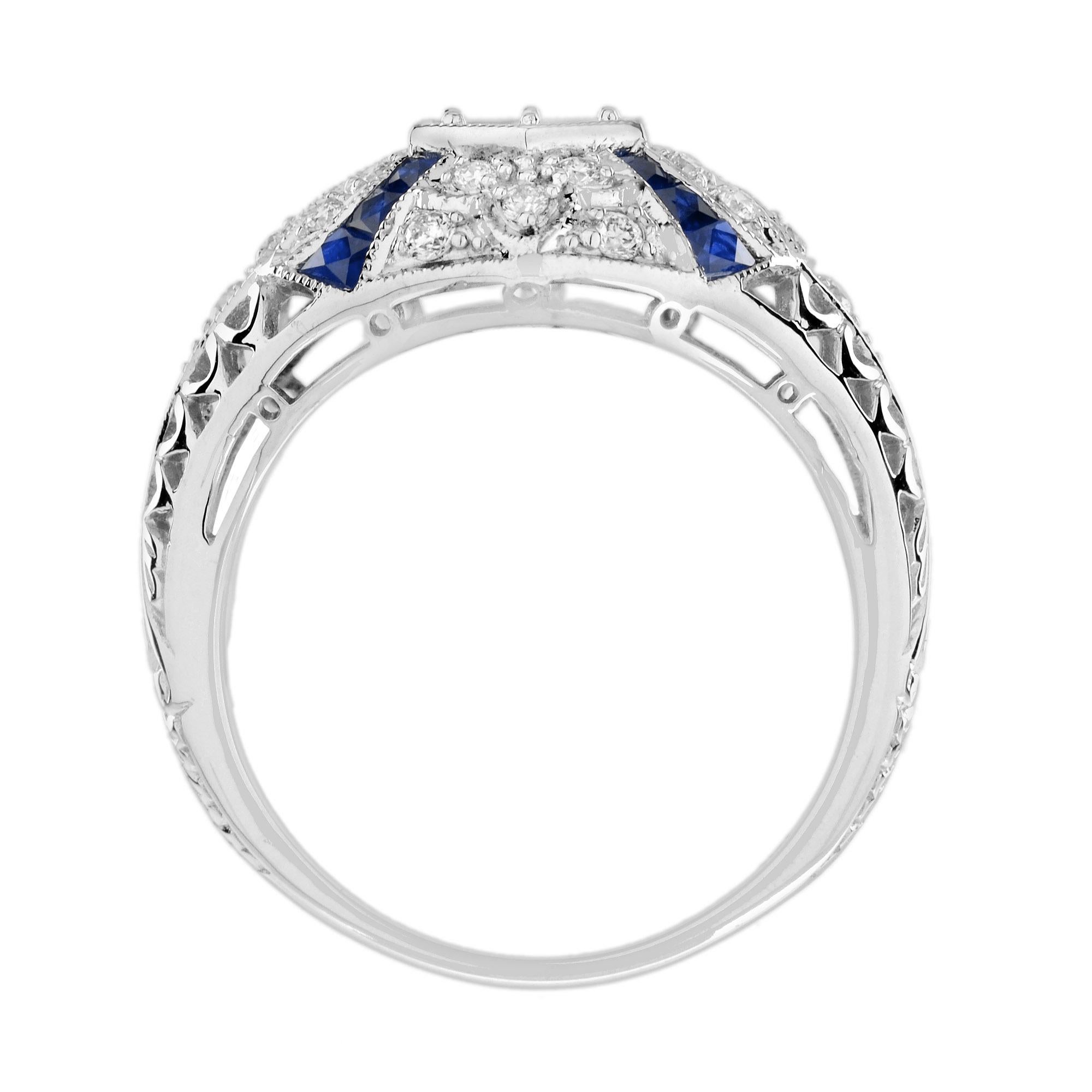 Diamond and Blue Sapphire Art Deco Style Engagement Ring in 18K White Gold  For Sale 1
