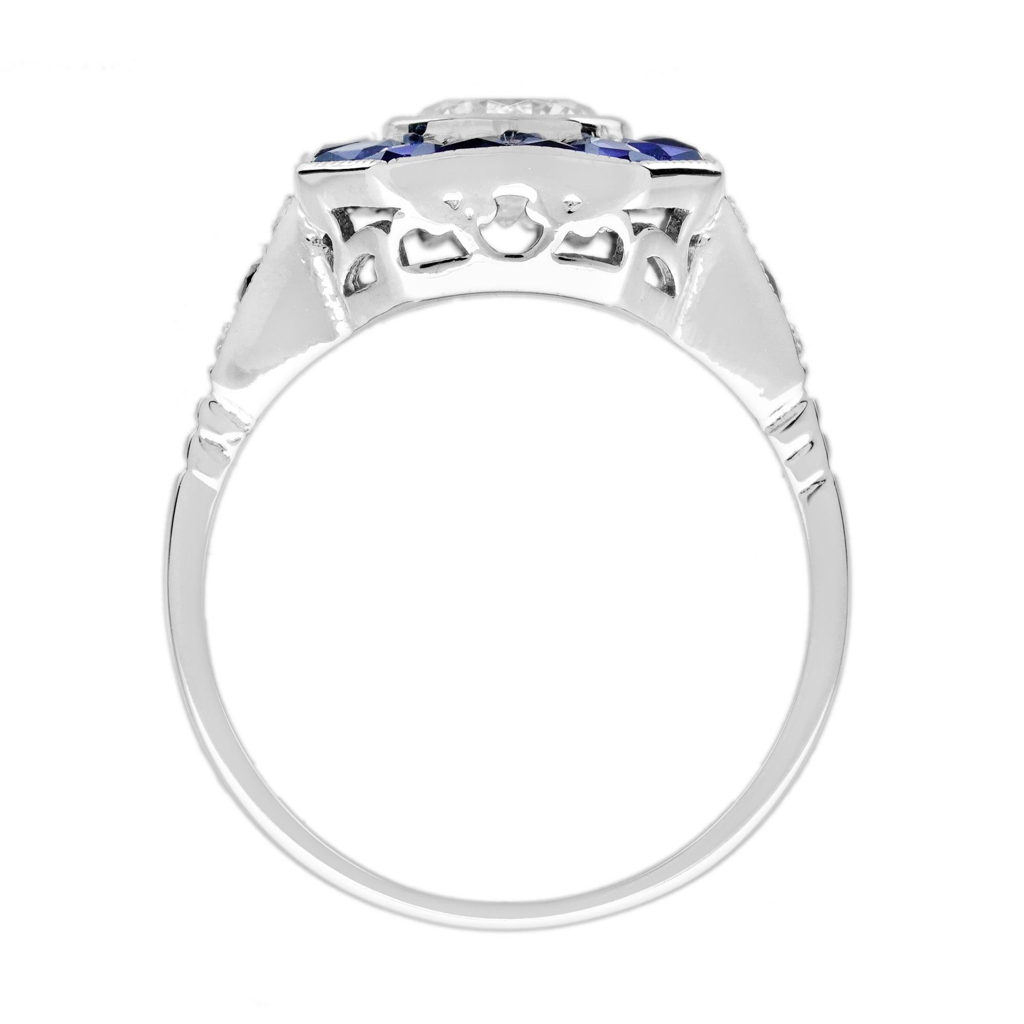 Diamond and Blue Sapphire Art Deco Style Engagement Ring in 18K White Gold   For Sale 1