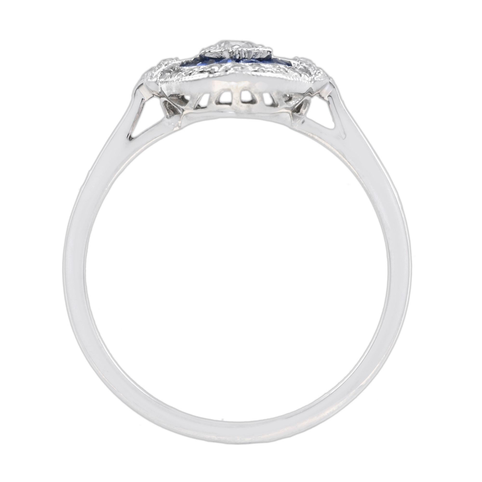 Diamond and Blue Sapphire Art Deco Style Engagement Ring in 18K White Gold For Sale 1