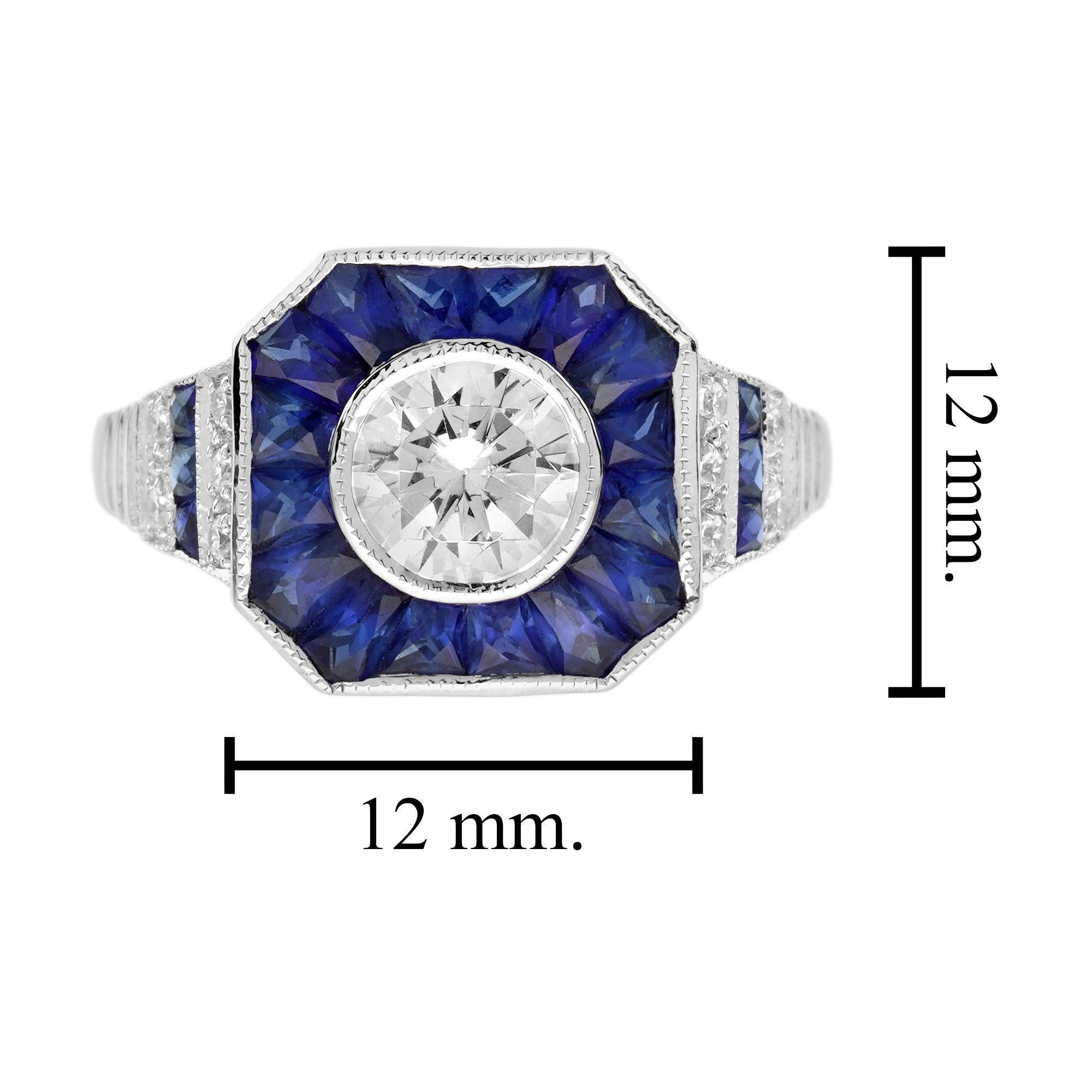 Diamond and Blue Sapphire Art Deco Style Engagement Ring in 18K White Gold   For Sale 2