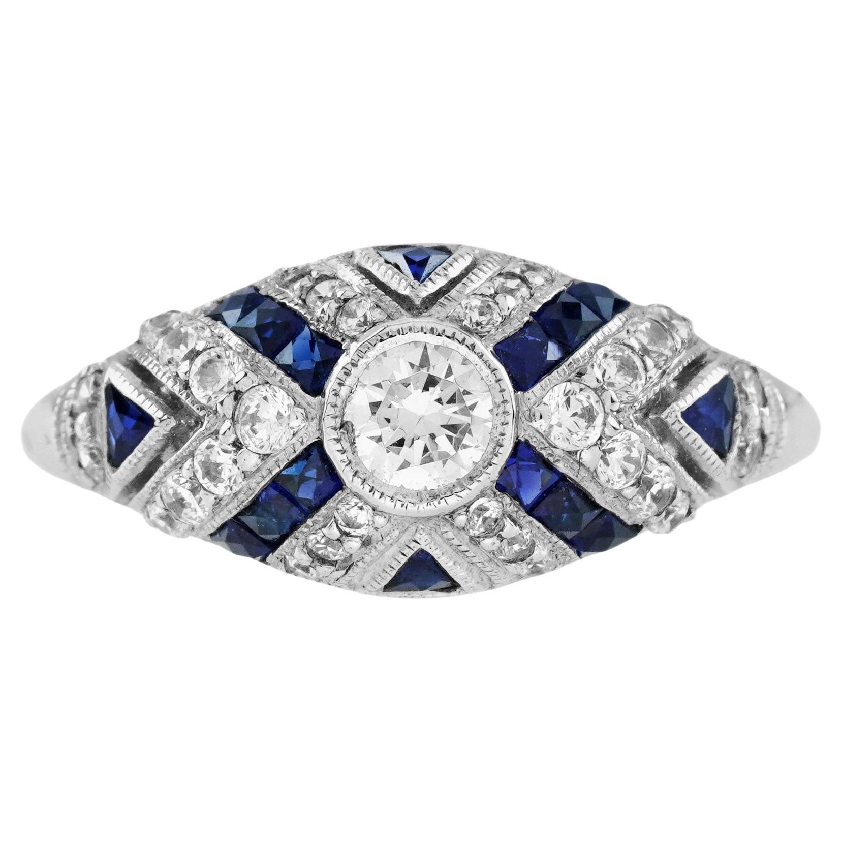Diamond and Blue Sapphire Art Deco Style Engagement Ring in 18K White Gold