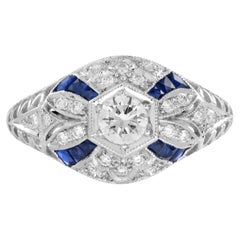Diamond and Blue Sapphire Art Deco Style Engagement Ring in 18K White Gold 
