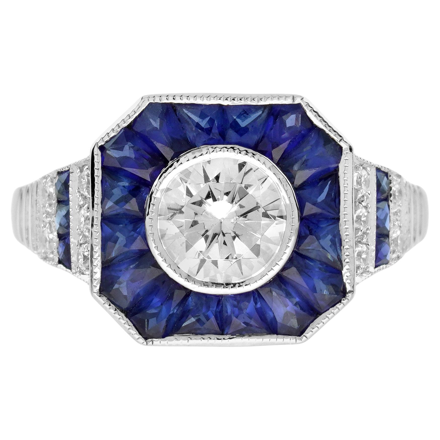 Diamond and Blue Sapphire Art Deco Style Engagement Ring in 18K White Gold   For Sale