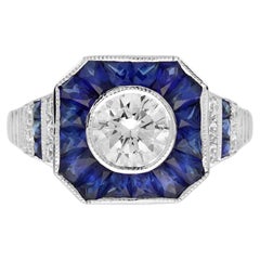 Bague de fiançailles de style Art déco en or blanc 18 carats avec diamants et saphirs bleus  