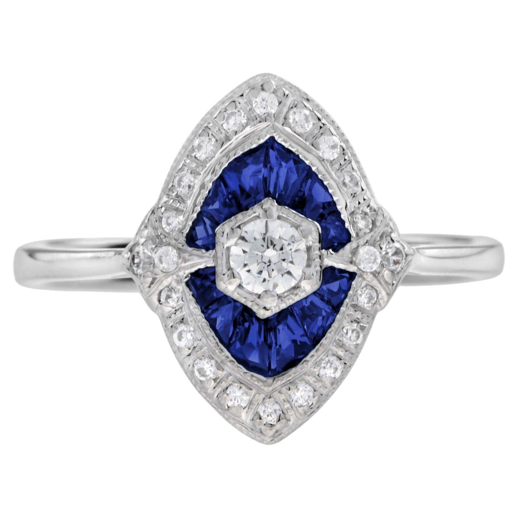 Diamond and Blue Sapphire Art Deco Style Engagement Ring in 18K White Gold For Sale