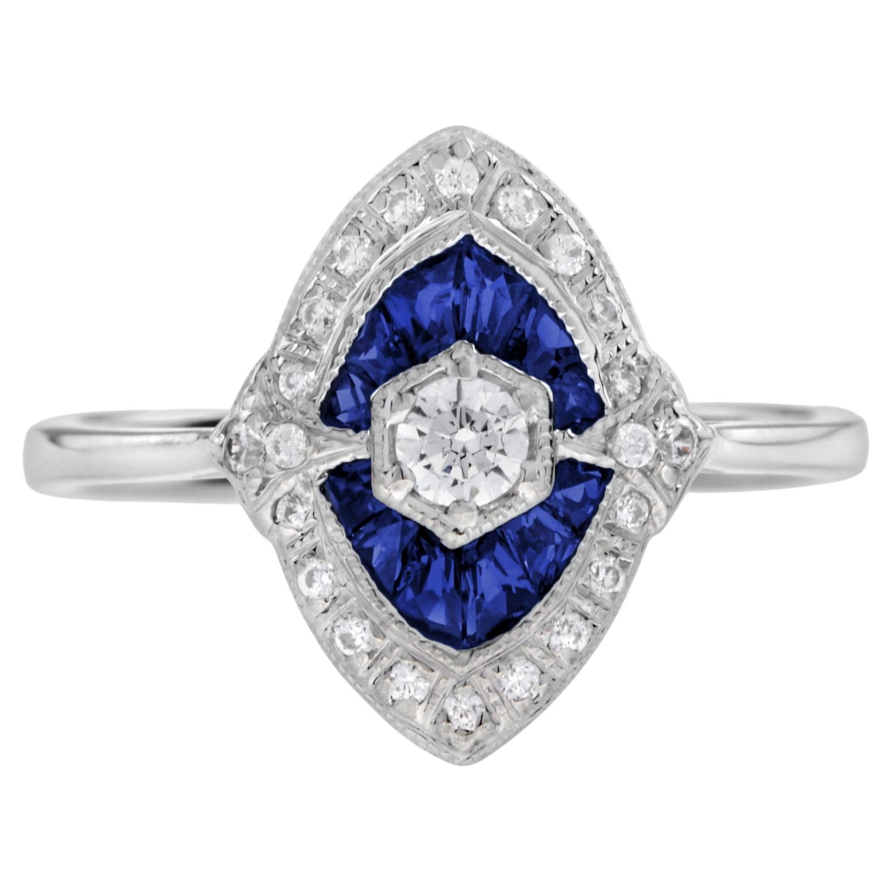 Diamond and Blue Sapphire Art Deco Style Engagement Ring in 18K White Gold