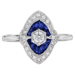 Diamond and Blue Sapphire Art Deco Style Engagement Ring in 18K White Gold