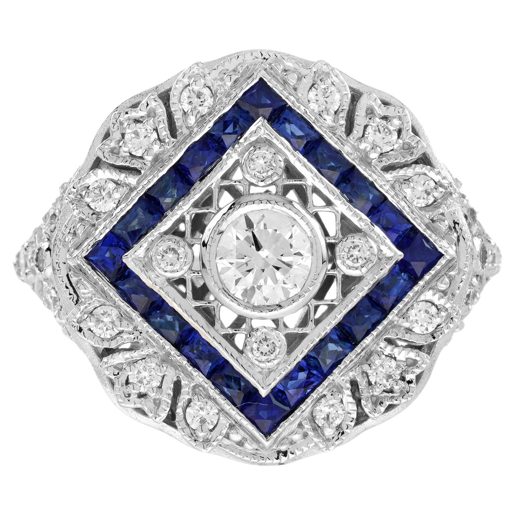 Verlobungsring aus 18 Karat Weißgold mit Diamanten und blauen Saphiren im Art-déco-Stil