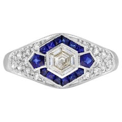 Diamond and Blue Sapphire Art Deco Style Engagement Ring in 18K White Gold