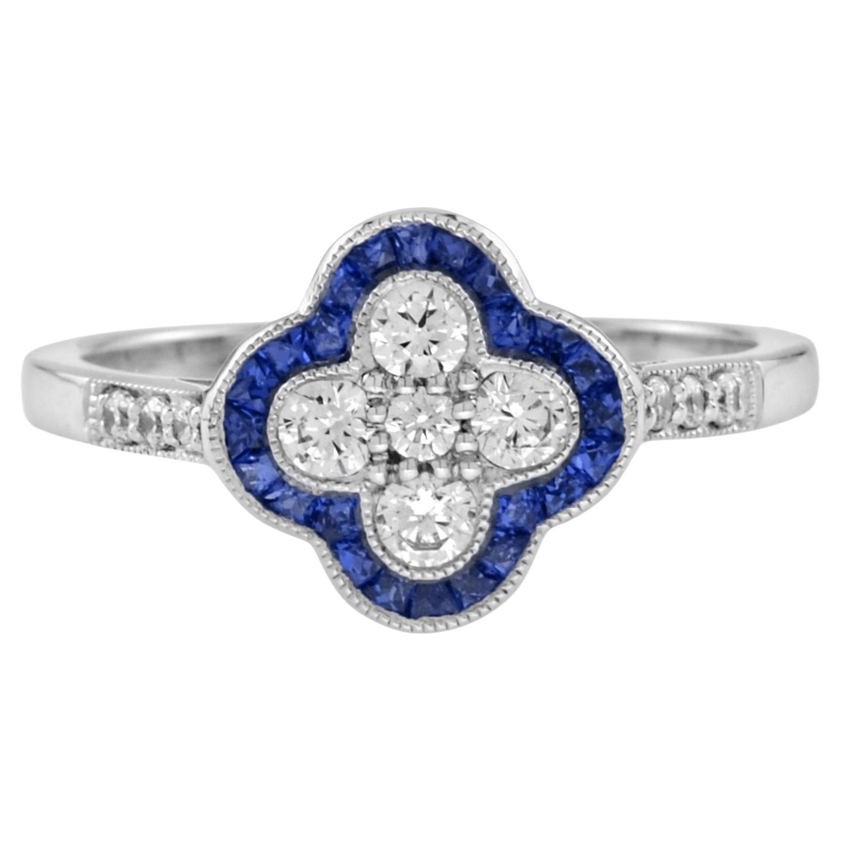 Diamond and Blue Sapphire Art Deco Style Floral Ring in 18K White Gold